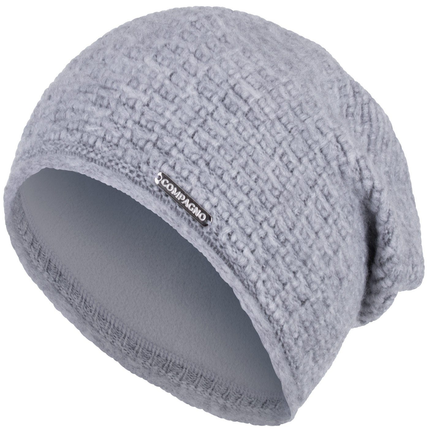 compagno Strickmütze (1-St) Grobstrick Beanie Wintermütze Strickmütze Damen gefüttert Fleecefutter hellgrau