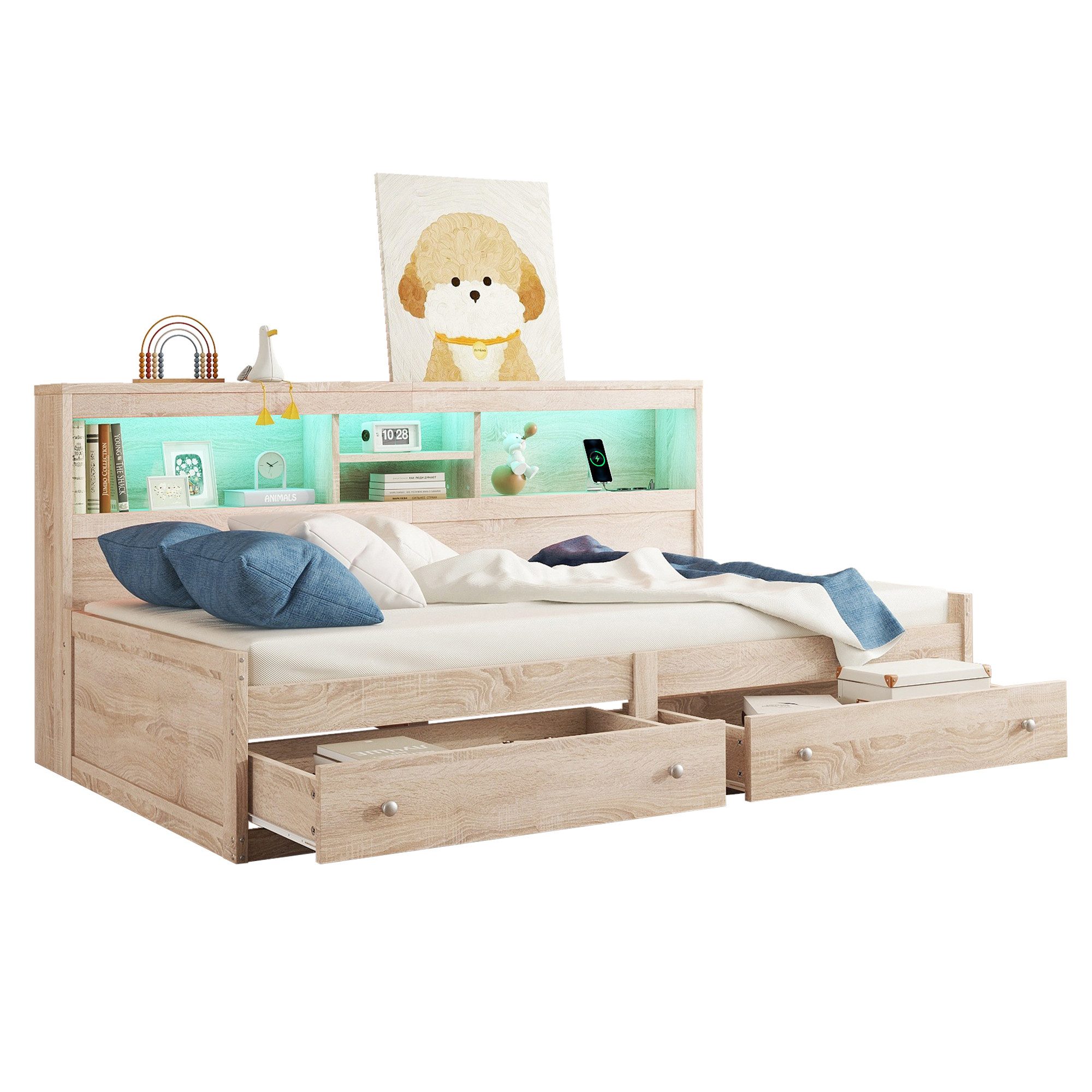 Merax Daybett, mit USB, Landeanschlüsse und LED, Tagesbett, Schlafsofa mit Schubladen