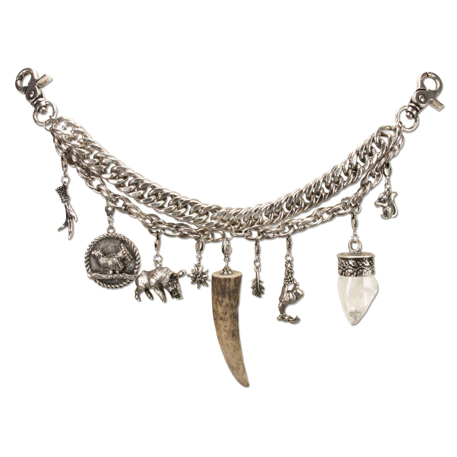 Alpenflüstern Kette mit Anhänger Trachten-Charivari Ludwig (antik-silber-farben), - Hochwertiger Herren-Trachtenschmuck mit Trophäen-Anhängern für die L