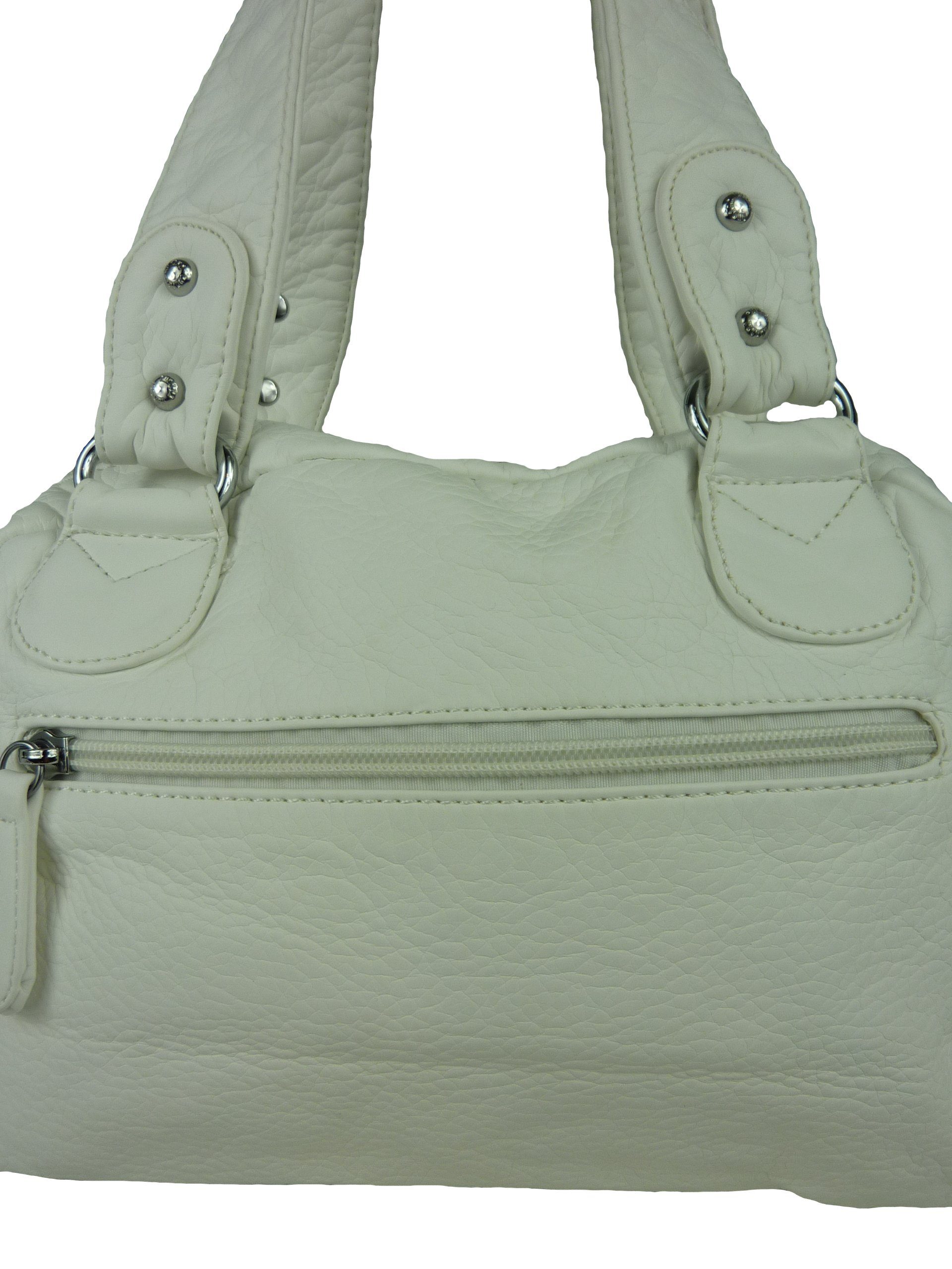 Handtasche abnehmbarer Fächer, Schultertasche viele AKW22032, Damen mit klassische Taschen4life Schulterriemen weiß (Schultertasche) verstellbarer Nieten