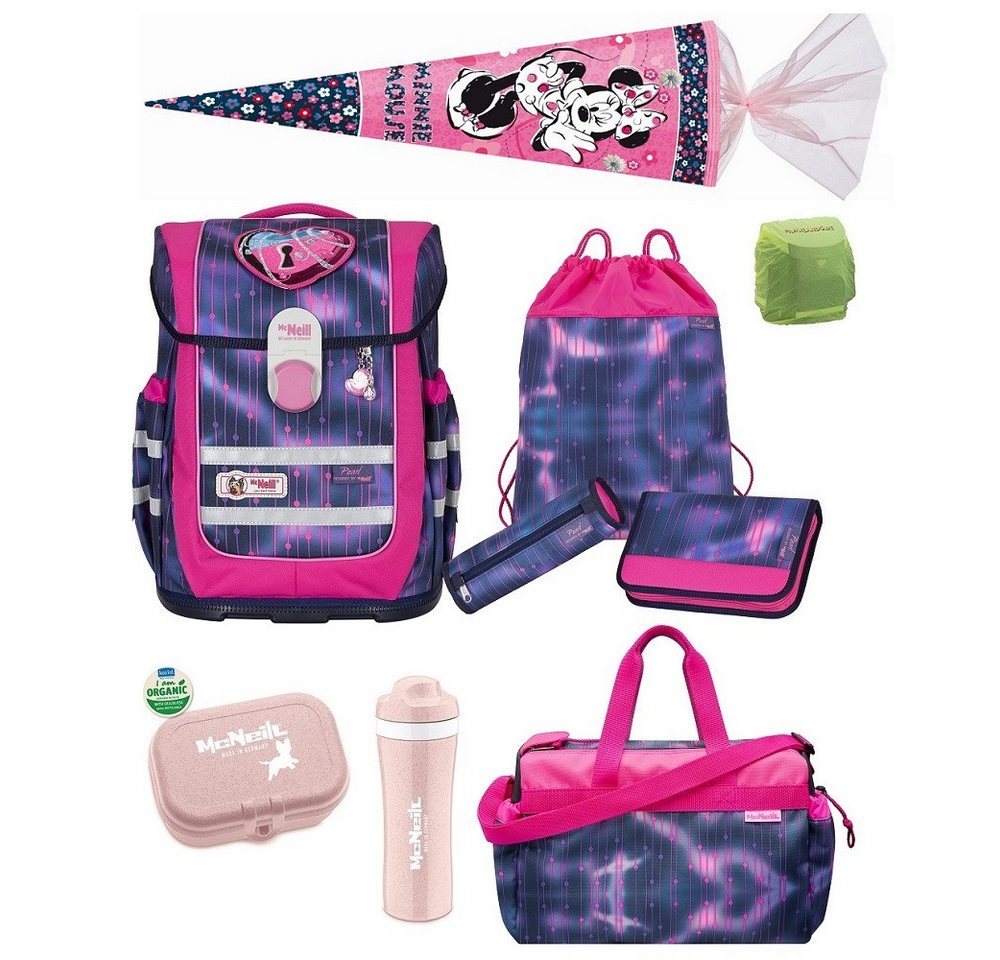 McNeill Schulranzen Ergo Complete "Pearl" Mädchen Schultasche Lila Pink ab der 1. Klasse (Set, 10-tlg., inkl. Sporttasche und Schultüte Disney Minnie Maus Motiv), ergonomisch, mit Brustgurt, verstellbar - wächst mit dem Kind mit