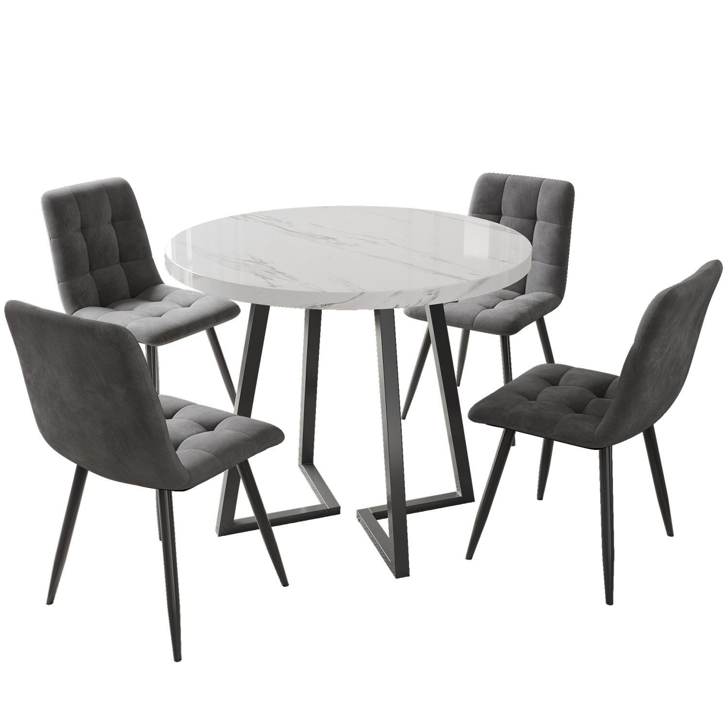 Flieks Essgruppe, (Sitzgruppe Set, Metallbeine, 5-tlg., 1 Tisch mit 4 Stühlen), runder Esstisch mit 4 Stühlen Set Küchetisch Esszimmerstuhl Samt