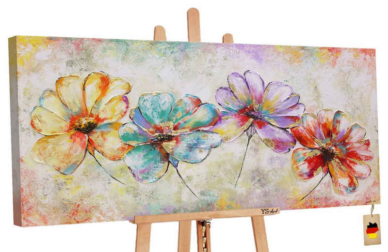 YS-Art Gemälde »Schöne Blumen«, Blumen, Bunte Blumen auf Leinwand Bild Handgemalt Gold
