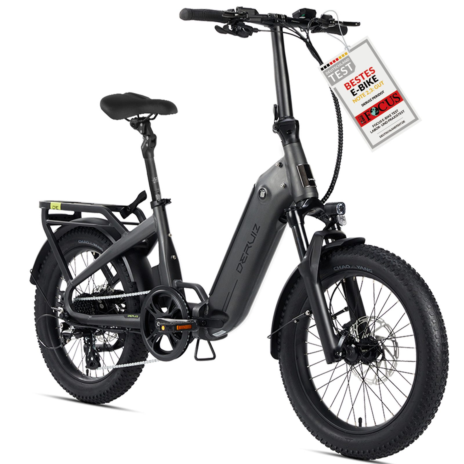 DERUIZ E-Bike Klapprad Peridot 20 × 3 Zoll, bis 143 km, Bluetooth und App, 8 Gang SHIMANO SHIMANO ALTUS 11-32T Schaltwerk, Kettenschaltung, Heckmotor, 500 Wh, (mit Akku-Ladegerät mit Werkzeug), Federsattelstütze