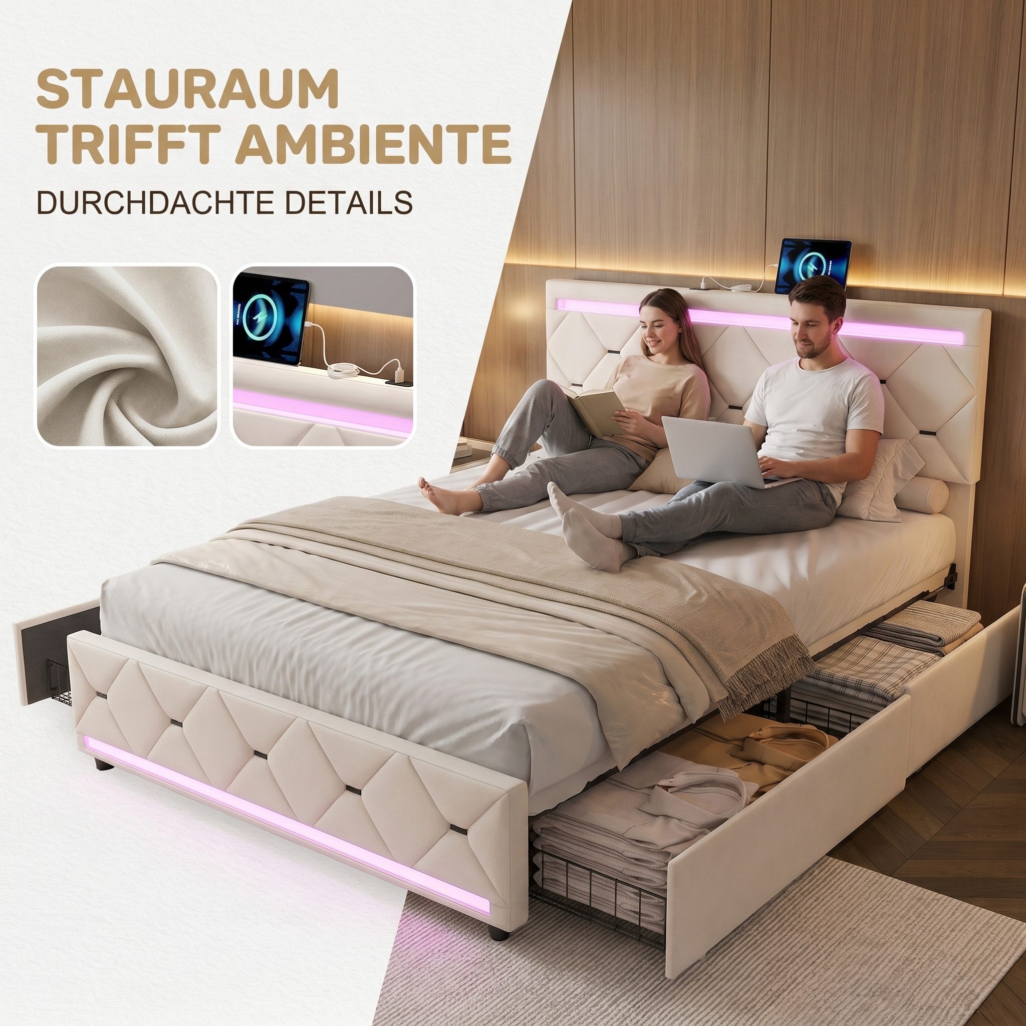 Simurq Polsterbett Bettgestell Doppelbett 160x200 mit 4 Schubladen,300 kg Belastung (Set, 1-tlg) (LED Polsterbett 160x200 mit Lattenrost, ohne Matratze), Bettrahmen mit LED RGB Kopf- & Fußteil, integrierte USB-Anschlüsse