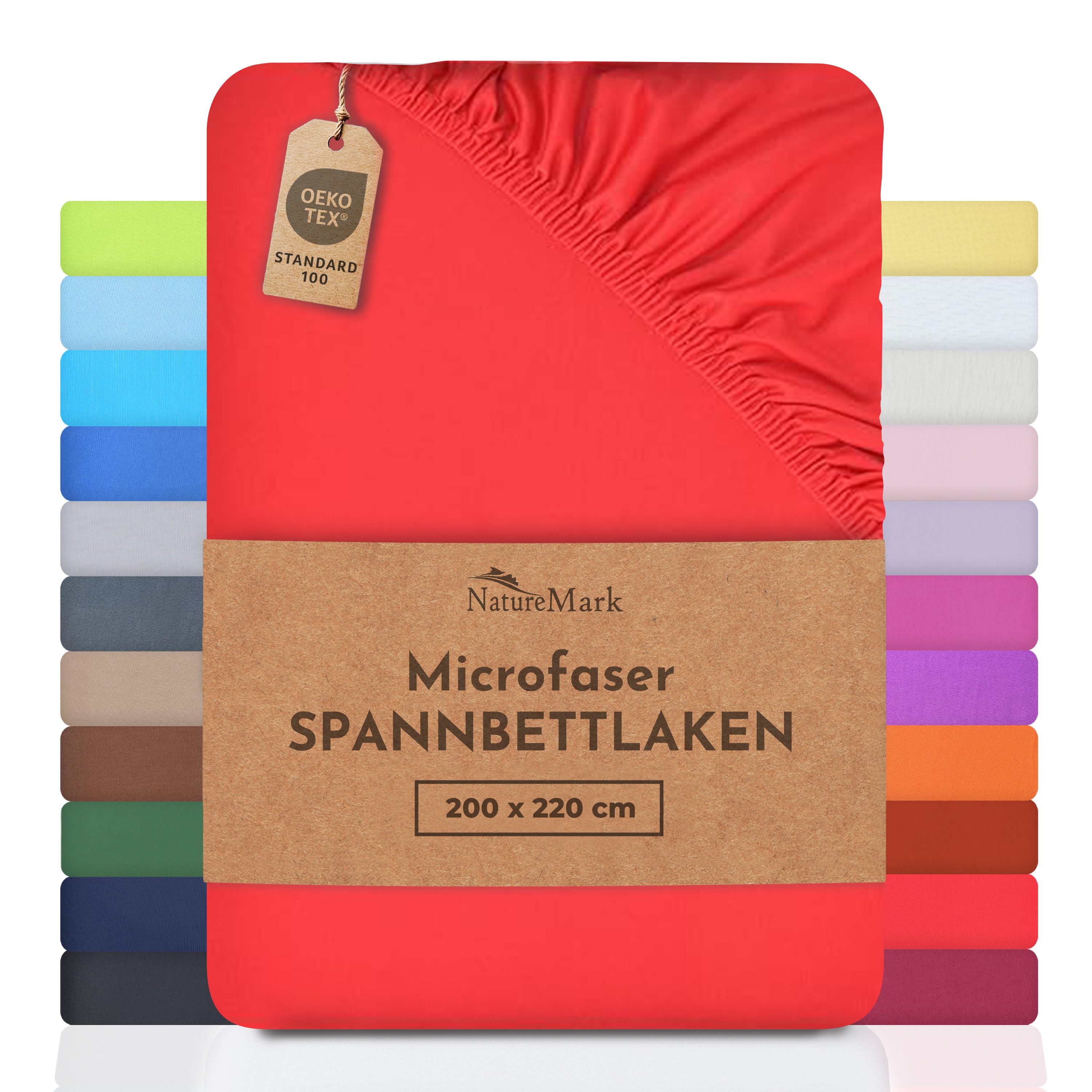NatureMark Spannbettlaken Mikrofaser Spannbetttuch, Polyester, Gummizug: rundum, viele Größen und Farben Markenware, 200x220 cm, Rot