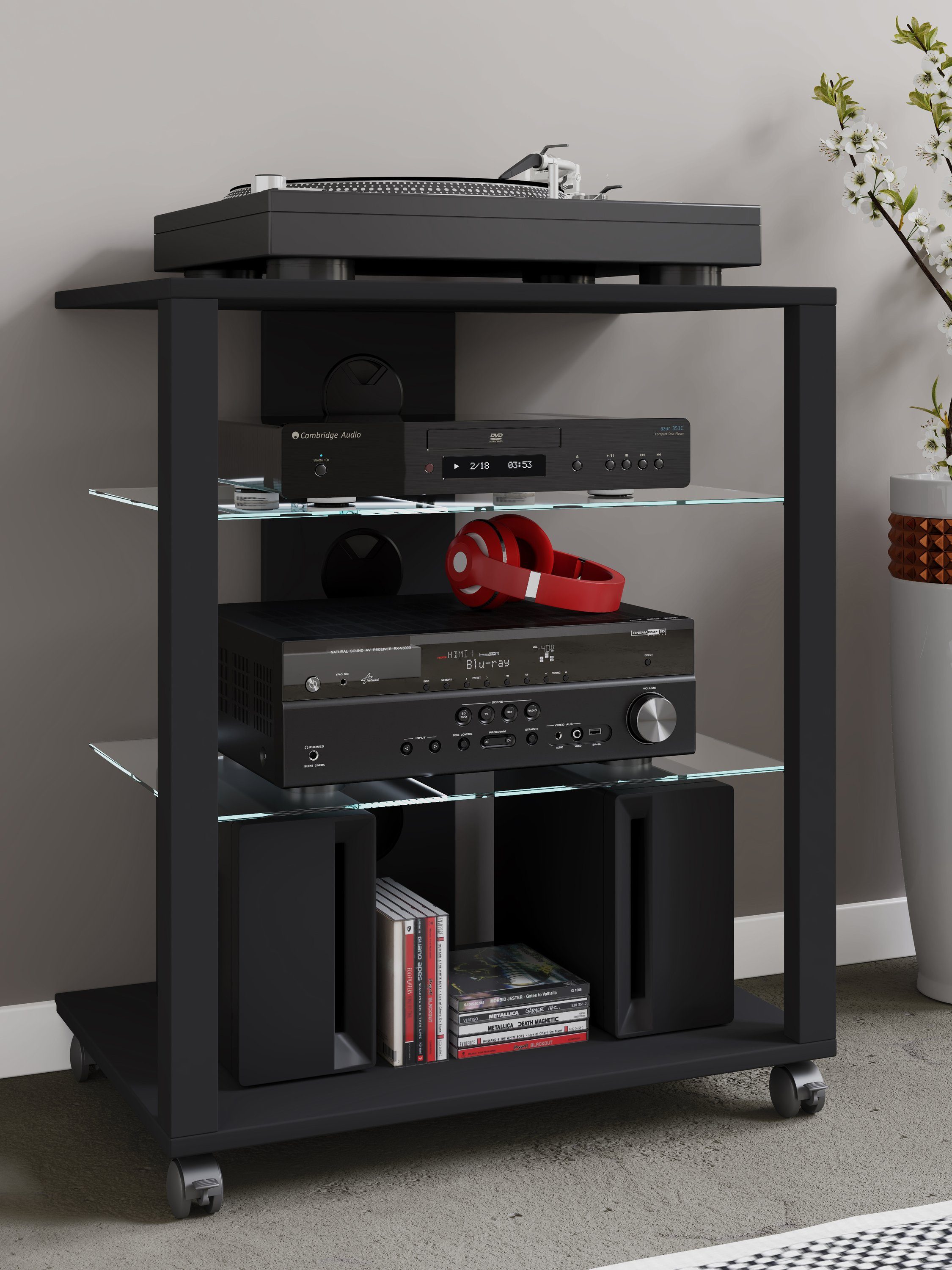 VCM Audio-Board Hifi Möbel Folas H. 70 x B. 60 x T. 41 cm, Rack Schrank Phono Regal mit Rollen, 2 Glasböden, Mediaboard