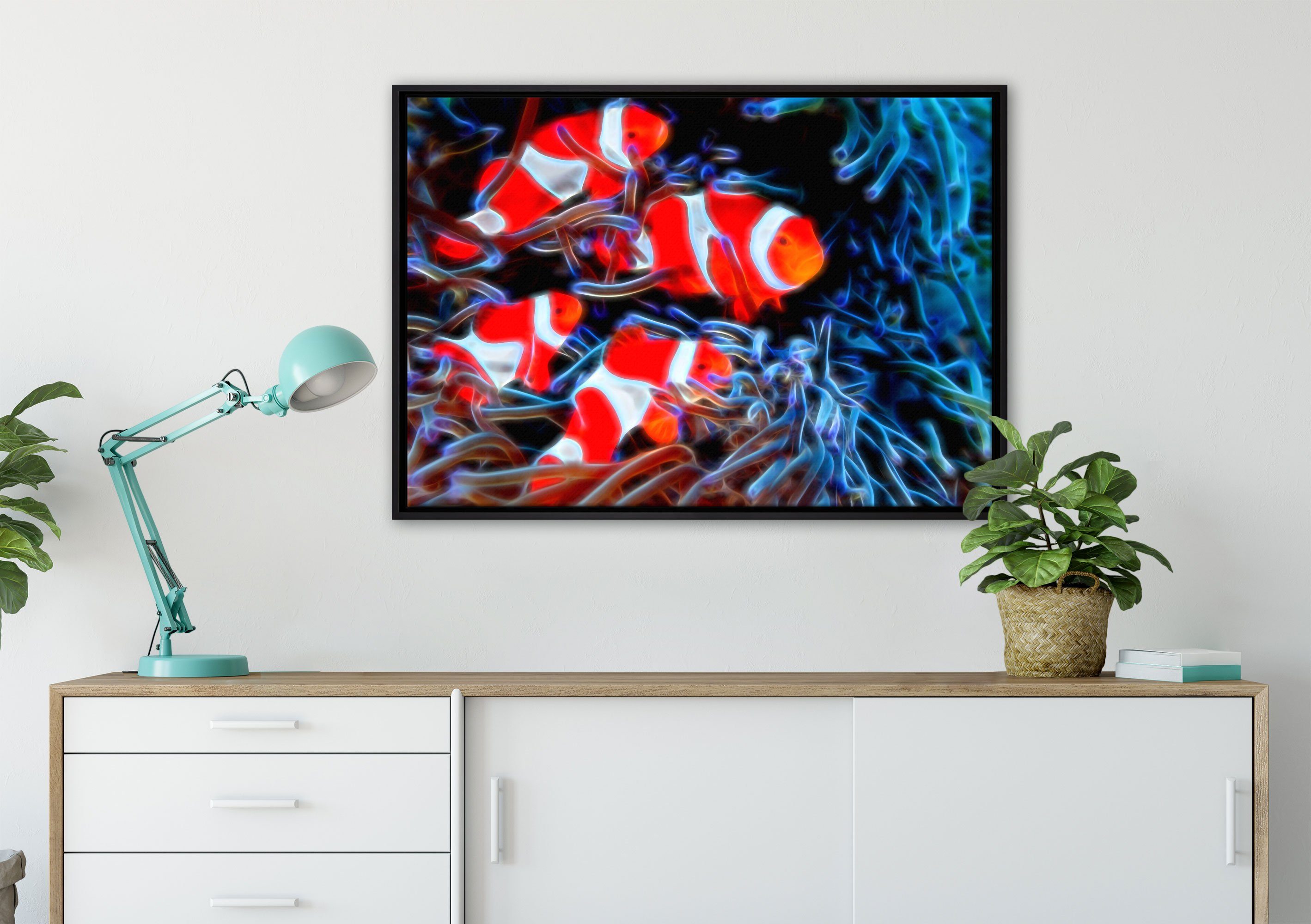 Pixxprint Leinwandbild Clown Fische in einem Leinwandbild gefasst, fertig inkl. bespannt, St), Zackenaufhänger (1 Wanddekoration in Schattenfugen-Bilderrahmen Anemone