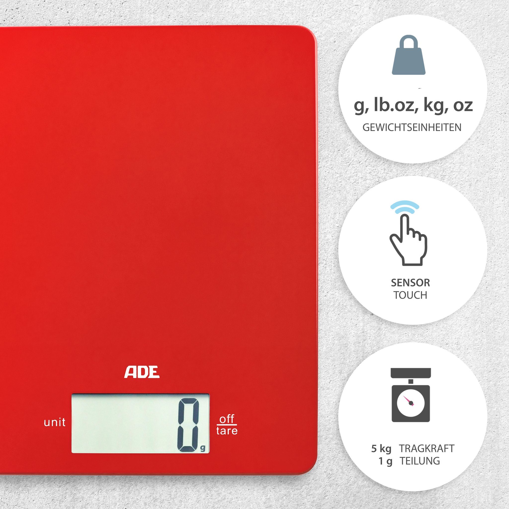 ADE Küchenwaage extrem flache Waage, nur 9mm hoch, platzsparend verstaubar, besonders präzise bis 5 kg