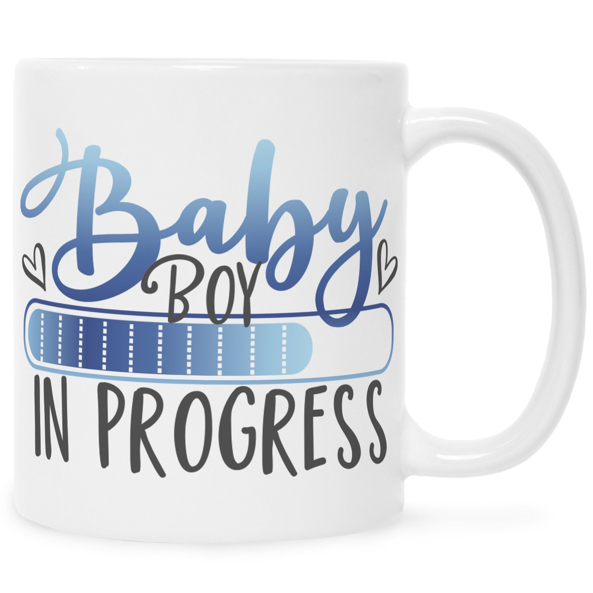 GRAVURZEILE Tasse Bedruckte Tasse mit Spruch - Baby in Progress, Keramik, Witziges Design zur Schwangerschaftsankündigung Boy weiß