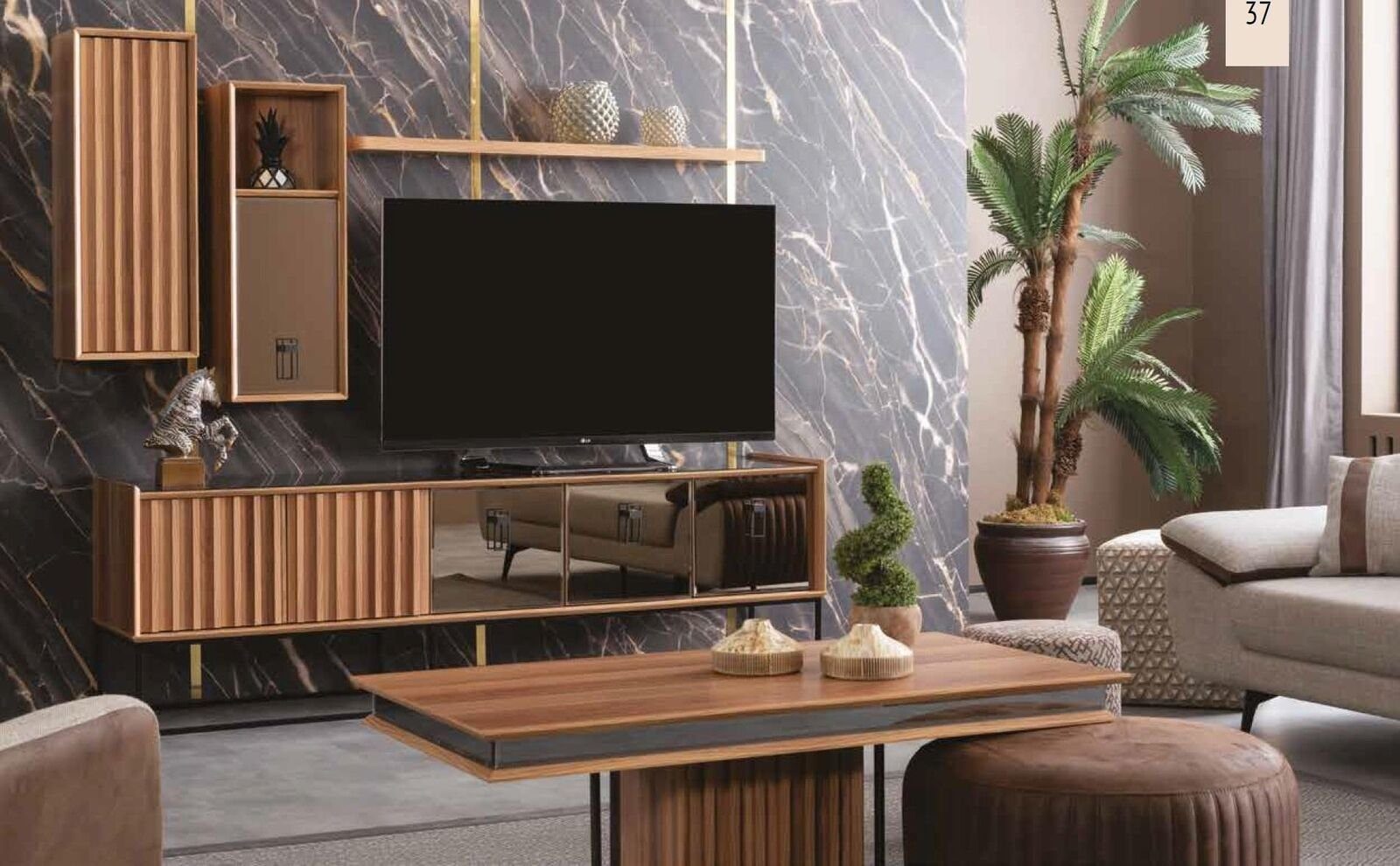 Wohnzimmer-Set JVmoebel 2x Hängeschrank TV-Ständer Couch 5tlg., + + Regal (5-St) +