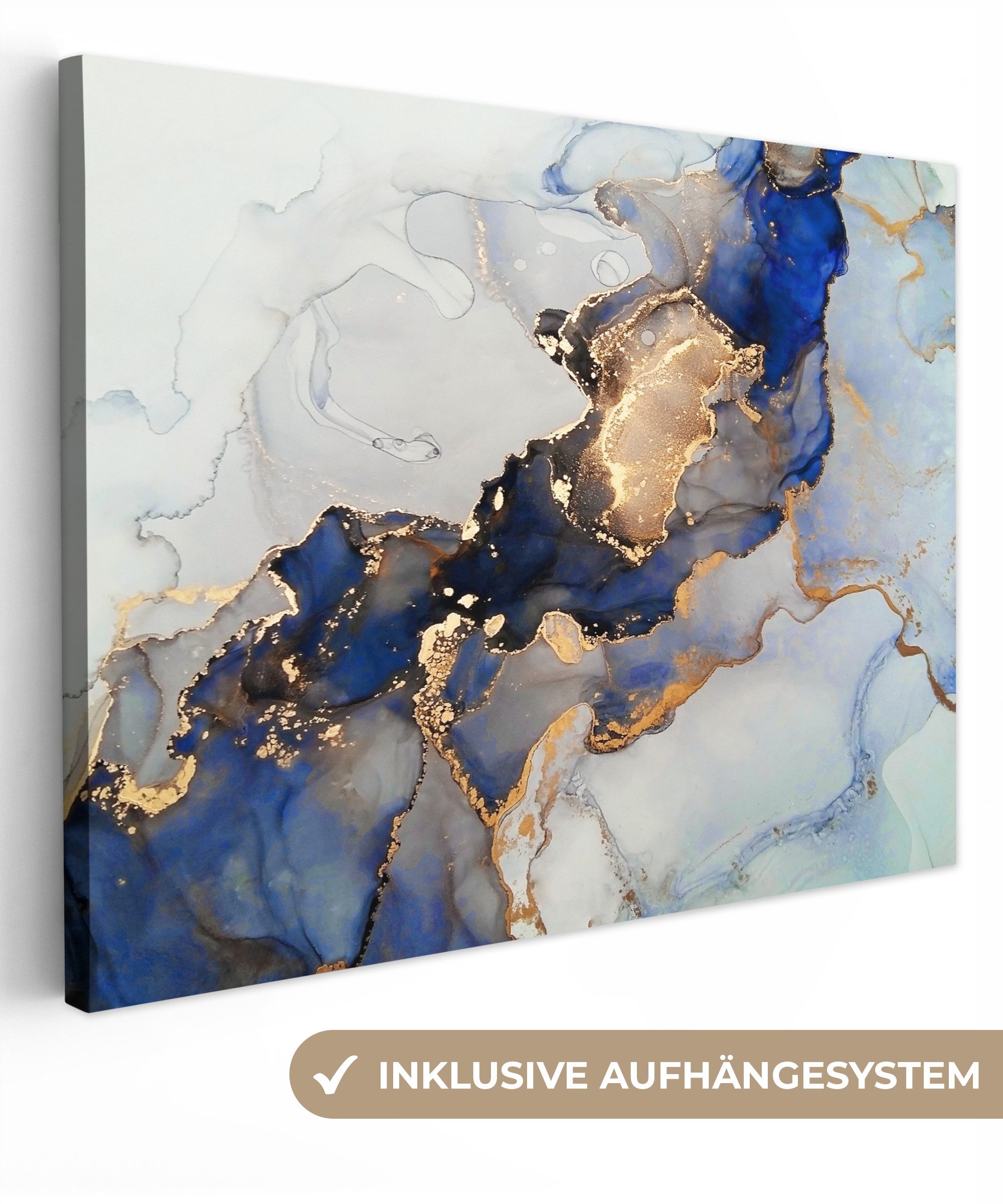 OneMillionCanvasses® Leinwandbild Marmor - Blau - Gold, (1 St), Wandbild Leinwandbilder, Aufhängefertig, Wanddeko 40x30 cm