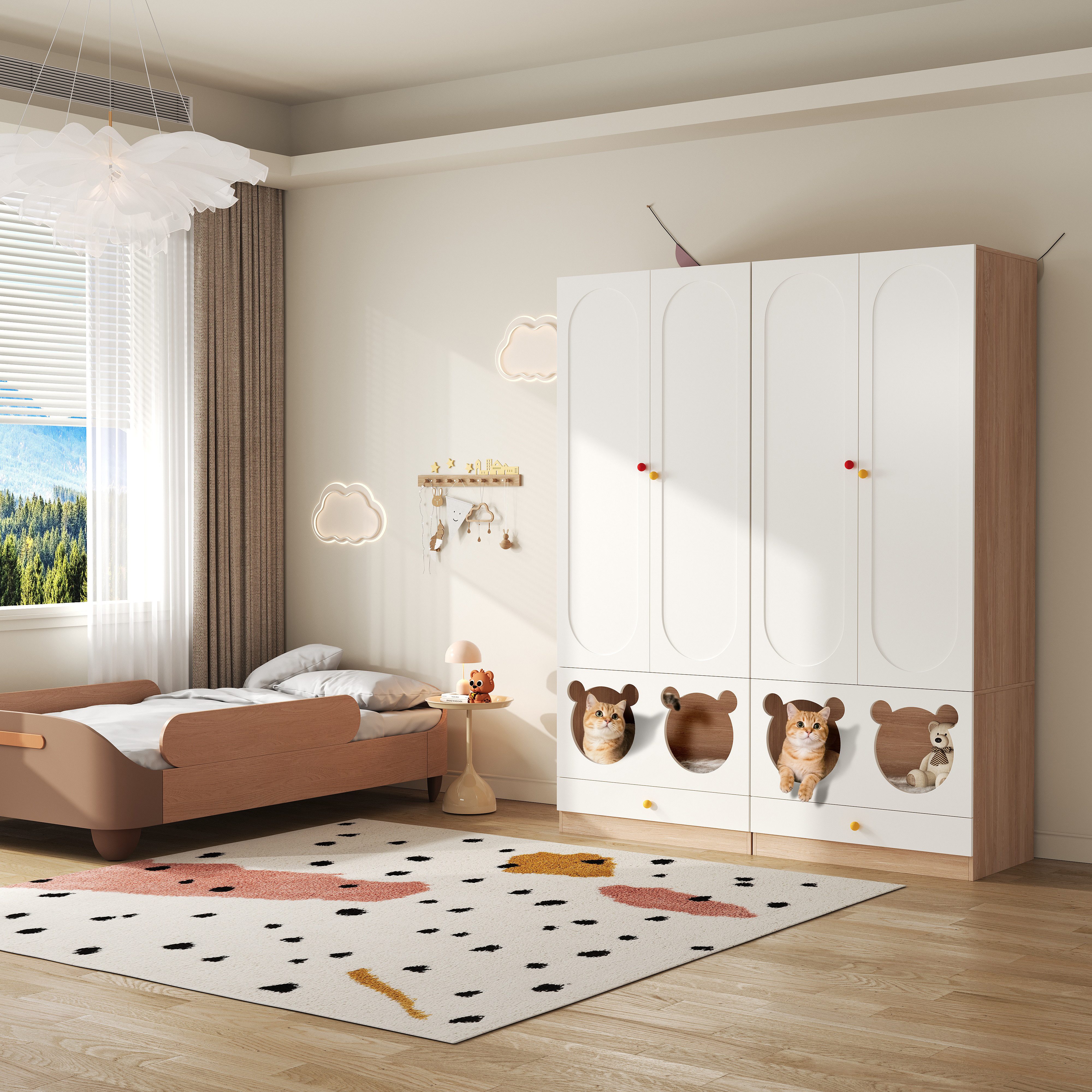STILVORA Kleiderschrank mit Katzenbett,2er-Set Kinderkleiderschrank Garderobe mit Bügelstange (Flurschrank, 2-St., mit Bügelstange, Katzenbett) Lackierte Platten + Spanplatte, bunte Keramikgriffen
