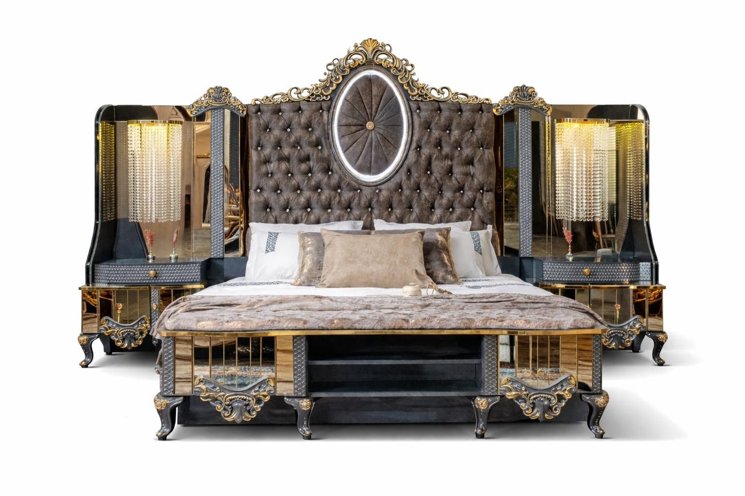 Xlmoebel Schlafzimmer-Set Luxus Bett Set mit Spiegelkommode und edlen Goldakzenten, (3-tlg., Bett/2x Nachttische)