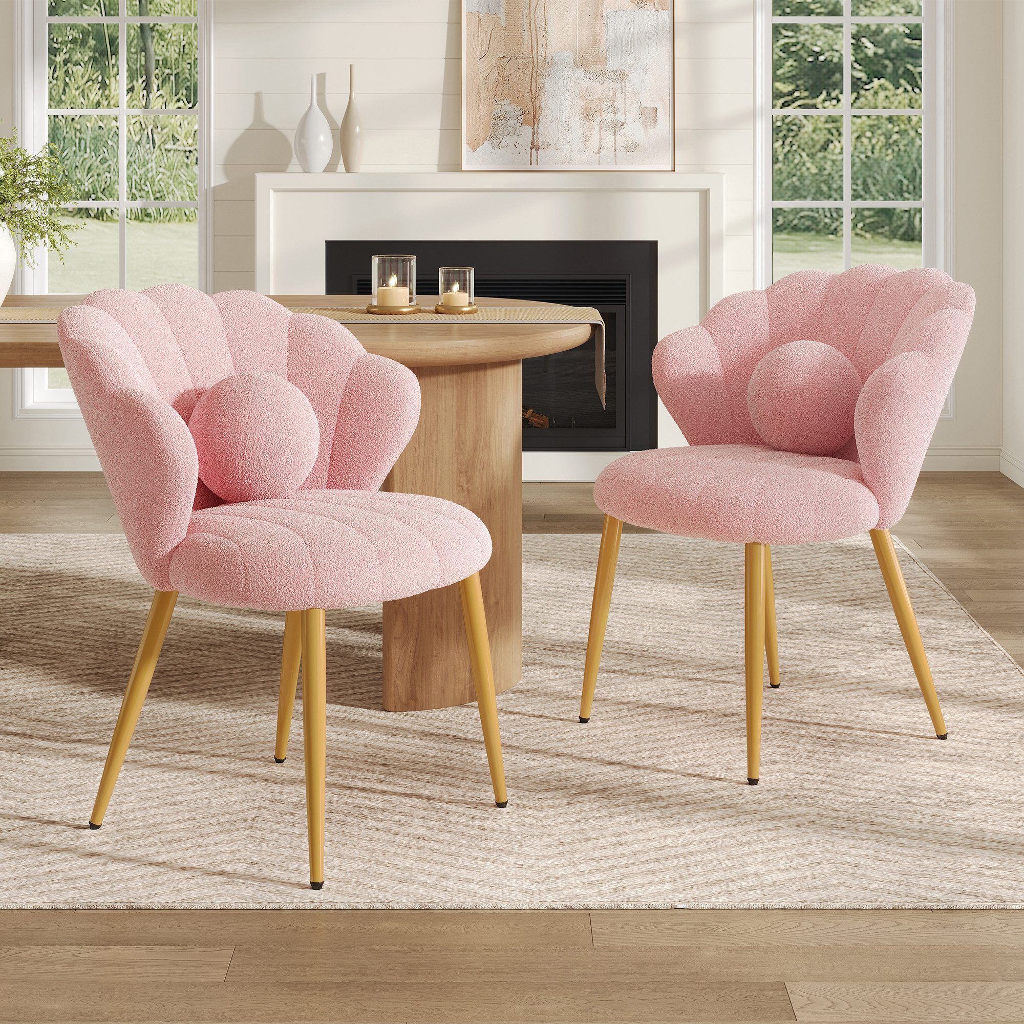 Flieks Polsterstuhl Muschel-Design mit kugelförmigem Perlenkissen, Bezug aus Teddy-Stoff (Set, 2 St), 2er Set Esszimmerstühle Schalenstuhl Rosa, goldfarbene Metallbeine