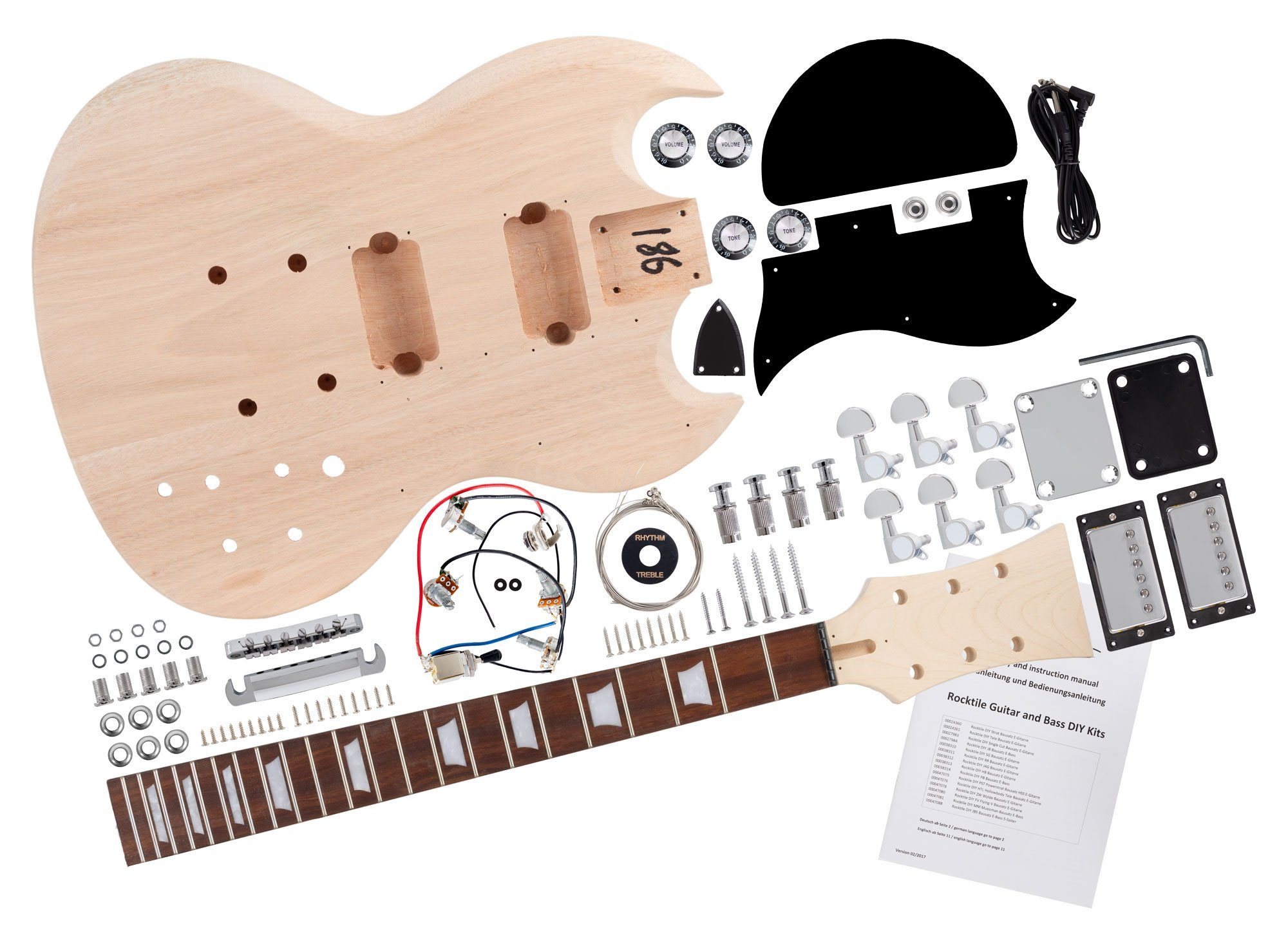 Rocktile E-Gitarre "Do-it-yourself" DIY Bausatz, Double Cut, Korpus: Holz- Hals: Holz geschraubt - Griffbrett: Holz