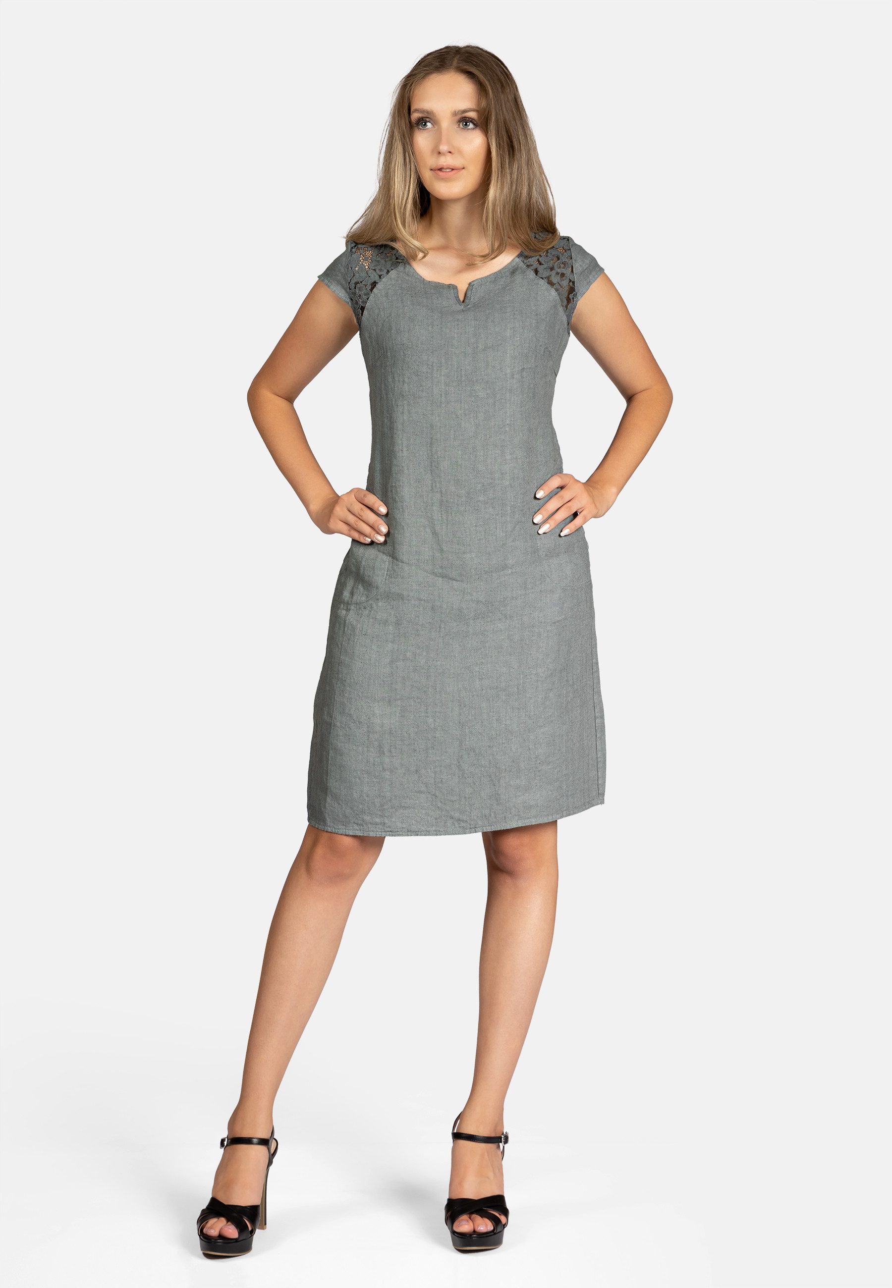 Caspar Sommerkleid SKL042 Damen Sommer Leinenkleid mit dezentem Spitzeneinsatz Luftig leicht, figurumspielende Form, mit seitlichem Jersey-Einsatz
