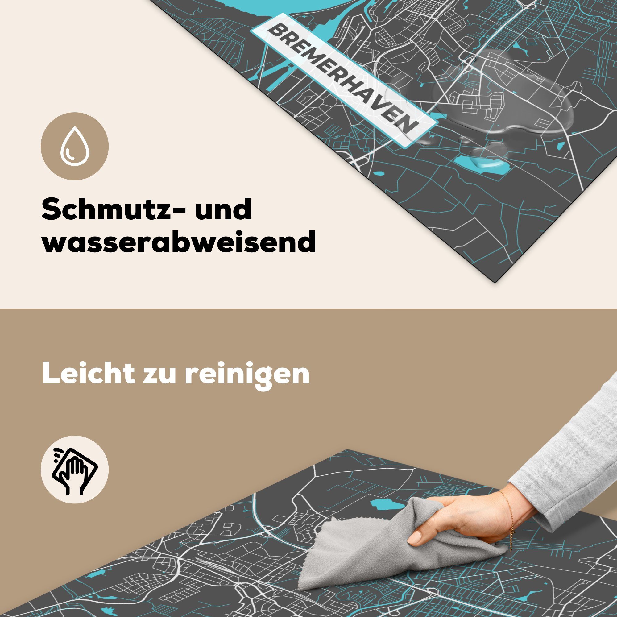 Karte, (1 Ceranfeldabdeckung, küche Herdblende-/Abdeckplatte tlg), Stadtplan Deutschland für 78x78 MuchoWow - Arbeitsplatte - - cm, Vinyl, Bremerhaven