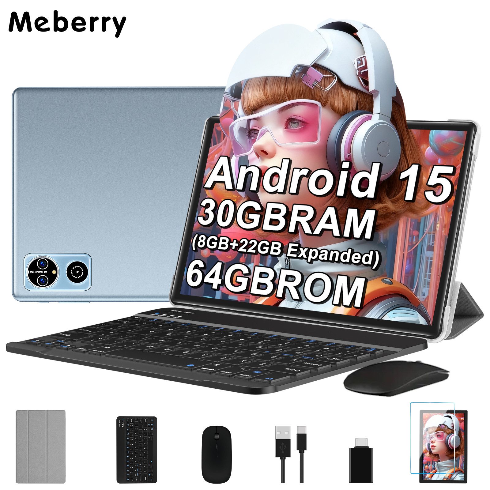 GOODTEL Meberry 30GB RAM 64GB Speicher, Android 15, WiFi, Widevine L1 Tablet (10.1", Android15, 6000 mAh Akku, mit mit Zubehör Tastatur, Maus)