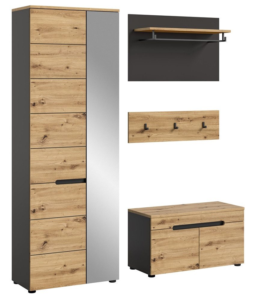 xonox.home Garderoben-Set Garderoben-Set Canu, grau / Artisan Eiche, 3-teilig ohne Sitzkissen, (3-St), Garderobenmöbel, Garderobenkombination Eiche