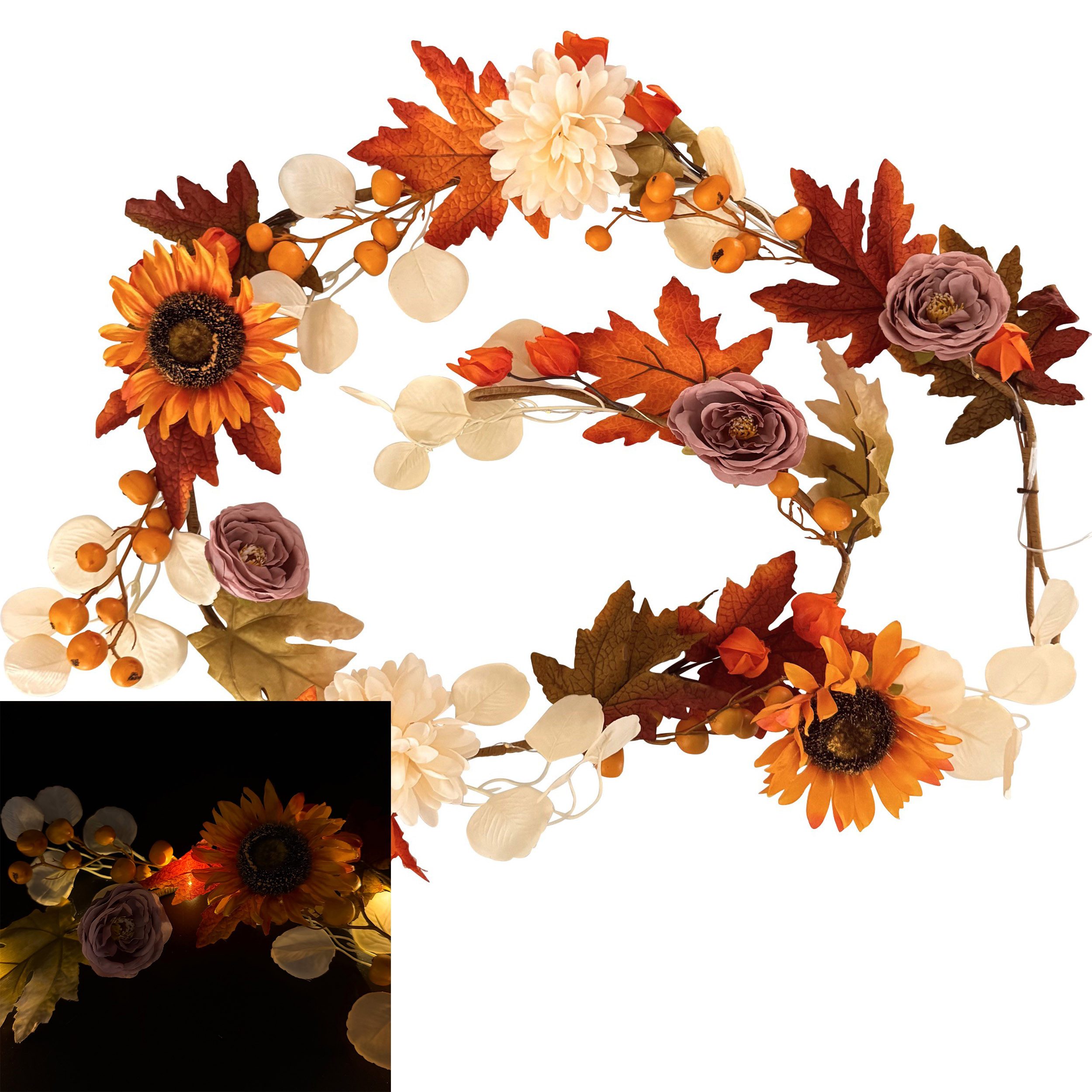 Kunstgirlande mit LED-Lichterkette & Timer zur herbstlichen Dekoration aus Herbstlaub, Sonnenblumen und Chrysanthemen, Online-Fuchs, Dauerleuchten oder Funkeleffekt wählbar - 185 cm groß