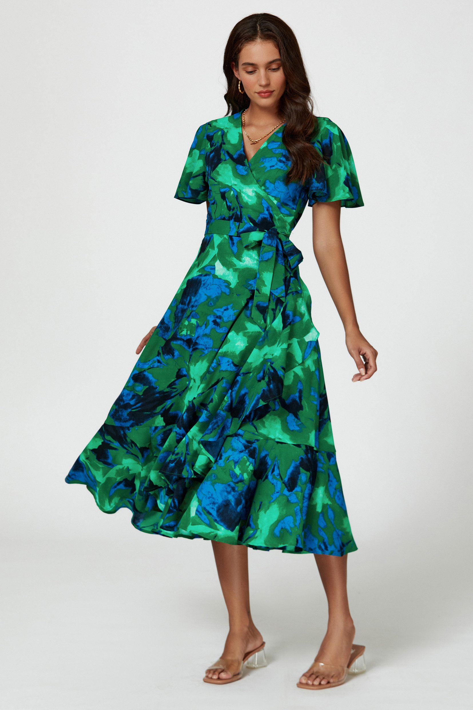 FS Collection Wickelkleid Damen Midi-Wickelkleid V-Ausschnitt mit Blumenmuster und Gürtel Wickeloptik mit Blumenmuster, Gürtel und Rüschensaum