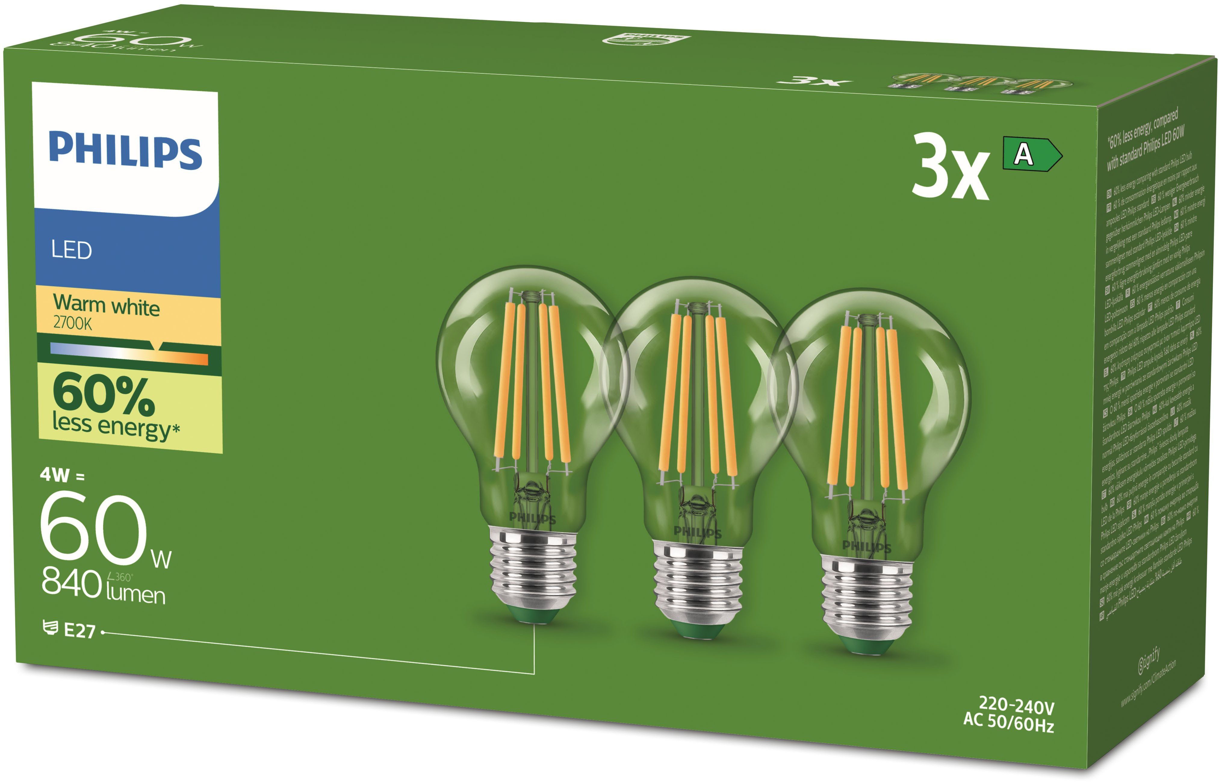 Philips LED-Leuchtmittel Ultra Efficient 60W A60 2700K, E27, 3 St., Warmweiß