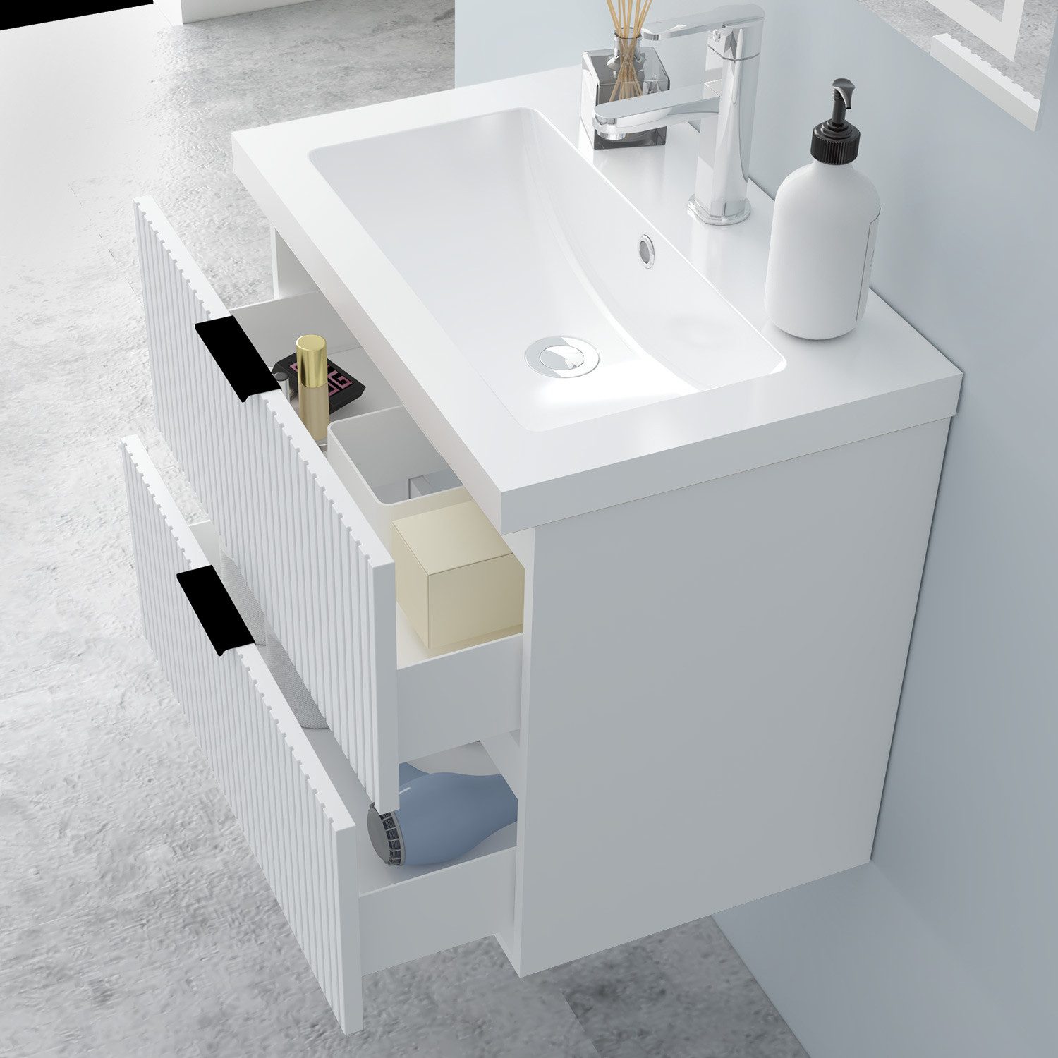 Aica Sanitär Waschtisch Badmöbel Set Waschbecken mit Unterschrank Badschrank, mit Griffe, geriffelte Schubladentüren