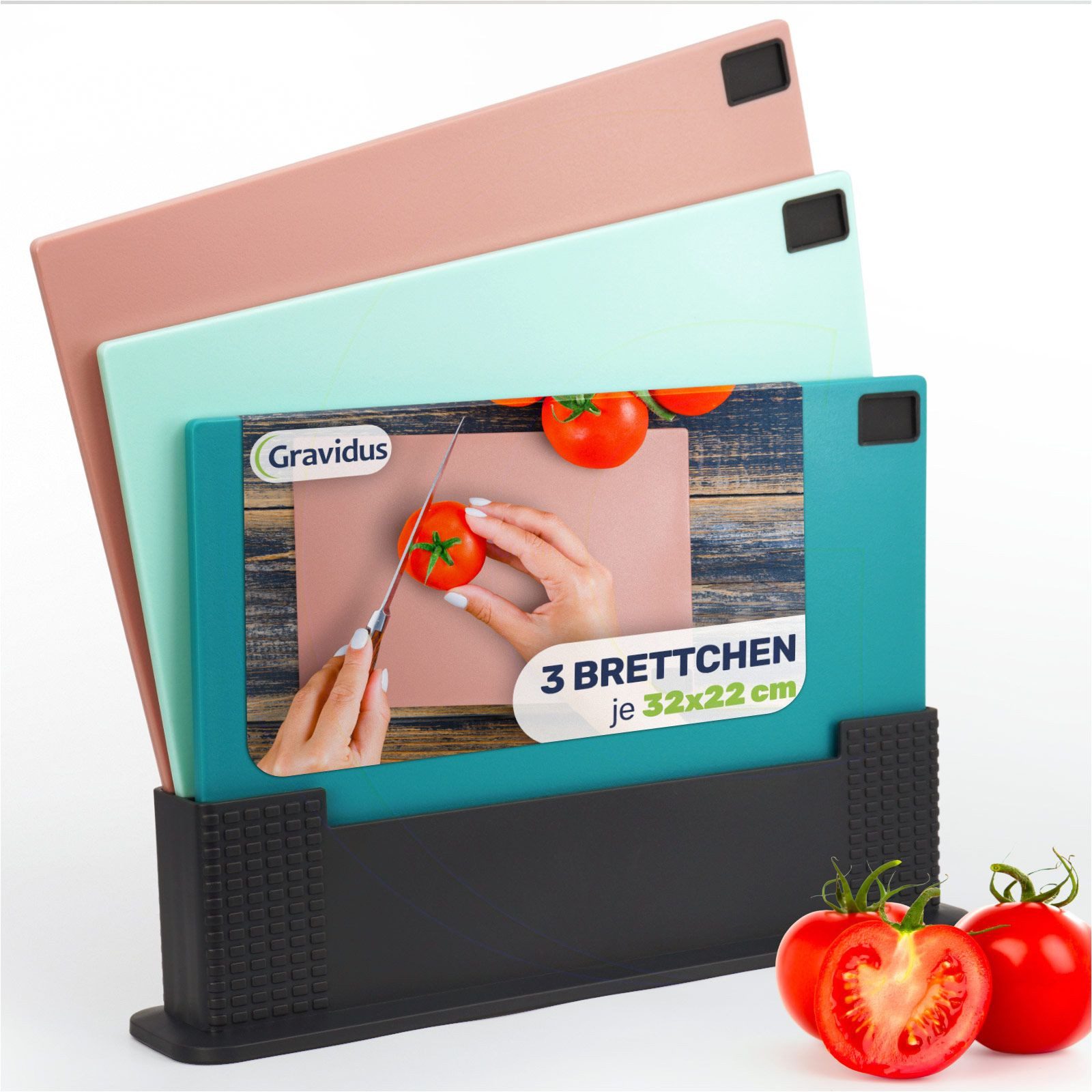 Gravidus Schneidebrett 3er Schneidebrett Set mit Ständer – rutschfest, hygienisch, farbig, Kunststoff (PP, TPE, ABS)