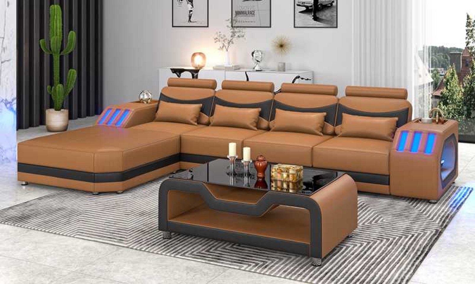 JVmoebel Ecksofa Modern Ecksofa Ledersofa L Form Couch Sofas Luxus Eckgarnitur LED, 3 Teile, Made in Europe Braun