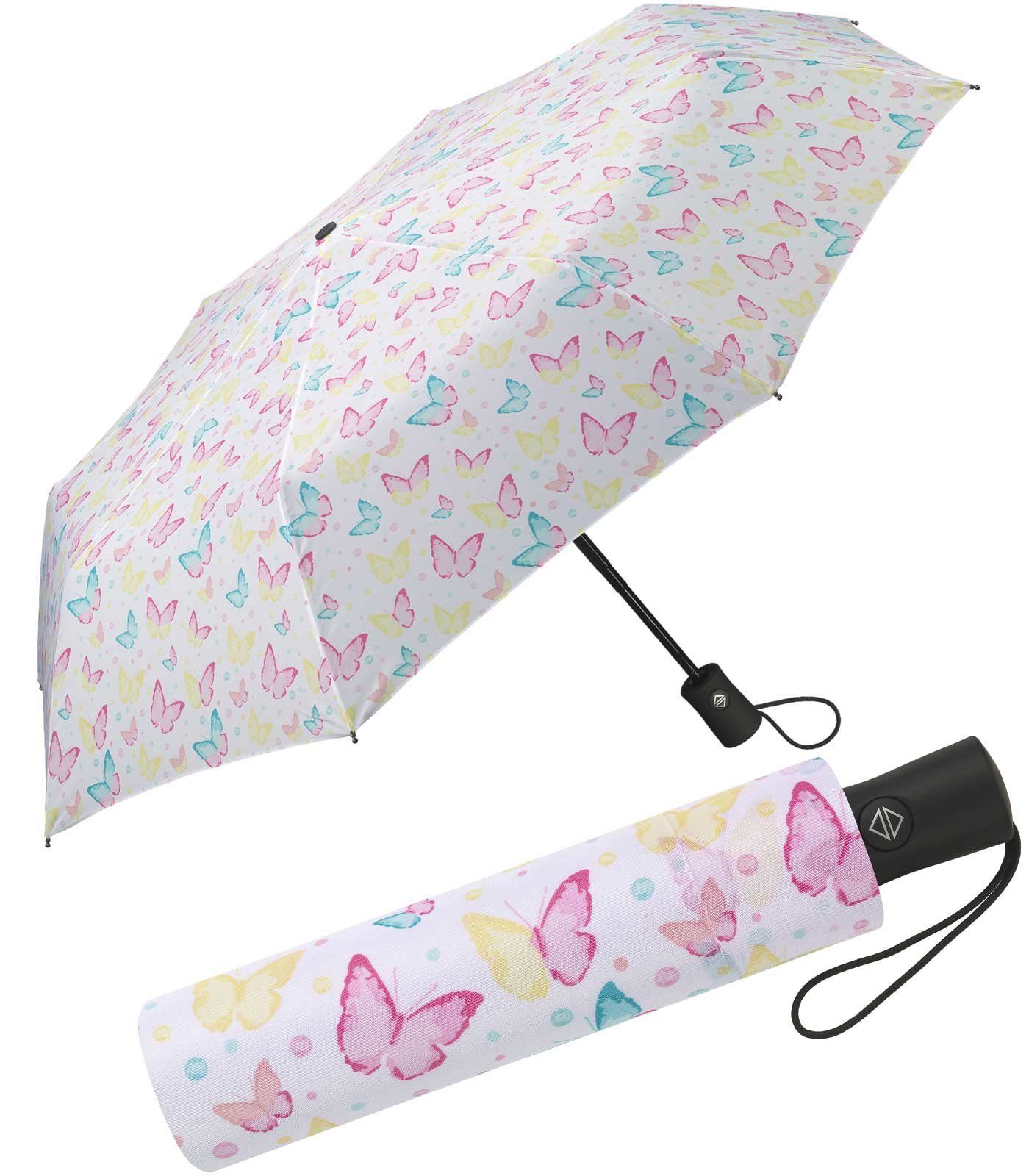 HAPPY RAIN Taschenregenschirm schöner Damen-Regenschirm mit Auf-Zu-Automatik, zauberhafte Motive in zarten Pastellfarben