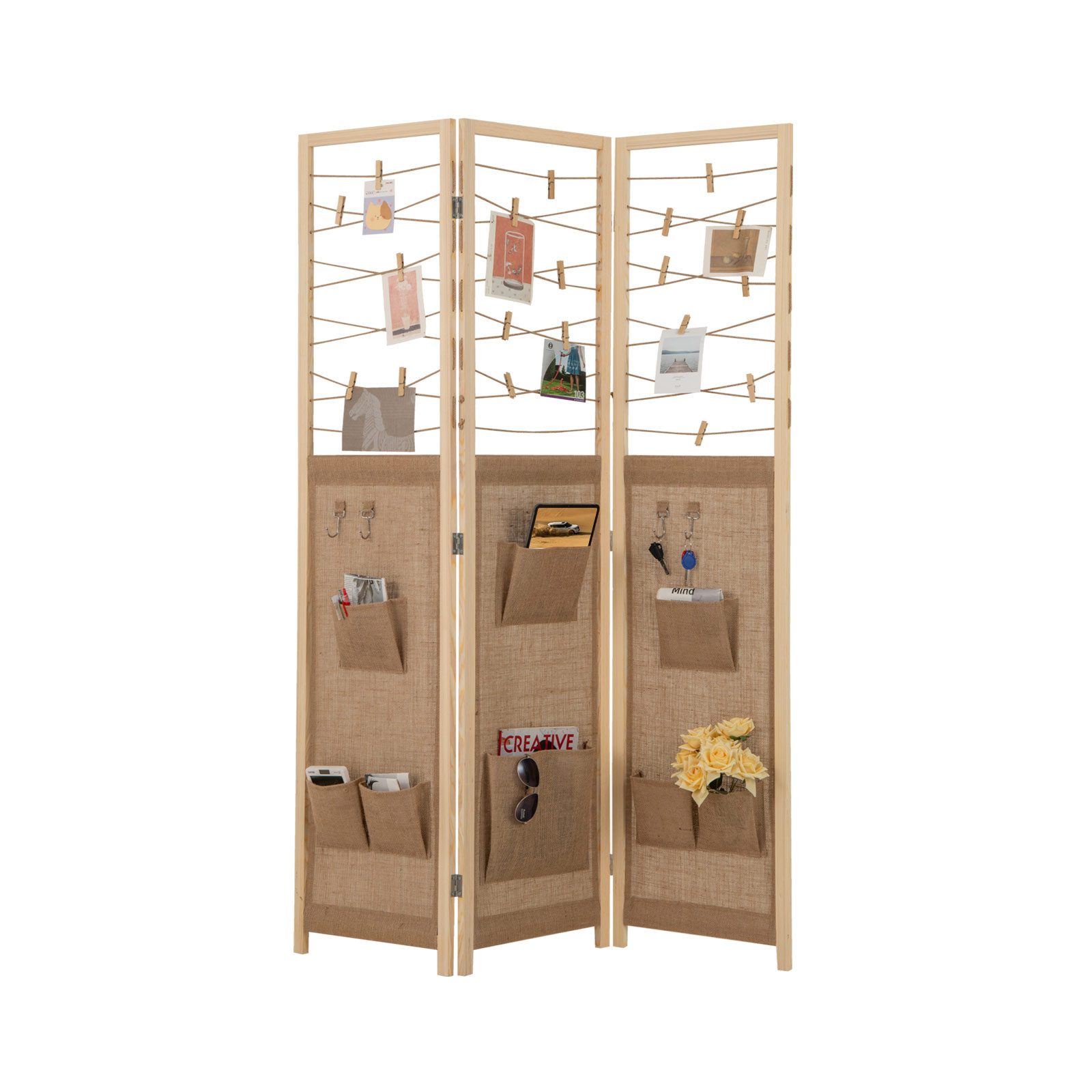 KOMFOTTEU Paravent, Raumtrenner mit 8 Aufbewahrungstaschen & 4 Haken & 20 Holzklammern