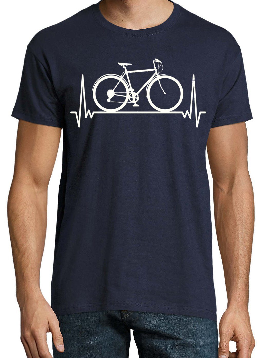 Shirt Heartbeat Navyblau Frontprint Fahrrad Herren Youth lustigem Designz T-Shirt Fahrrad mit