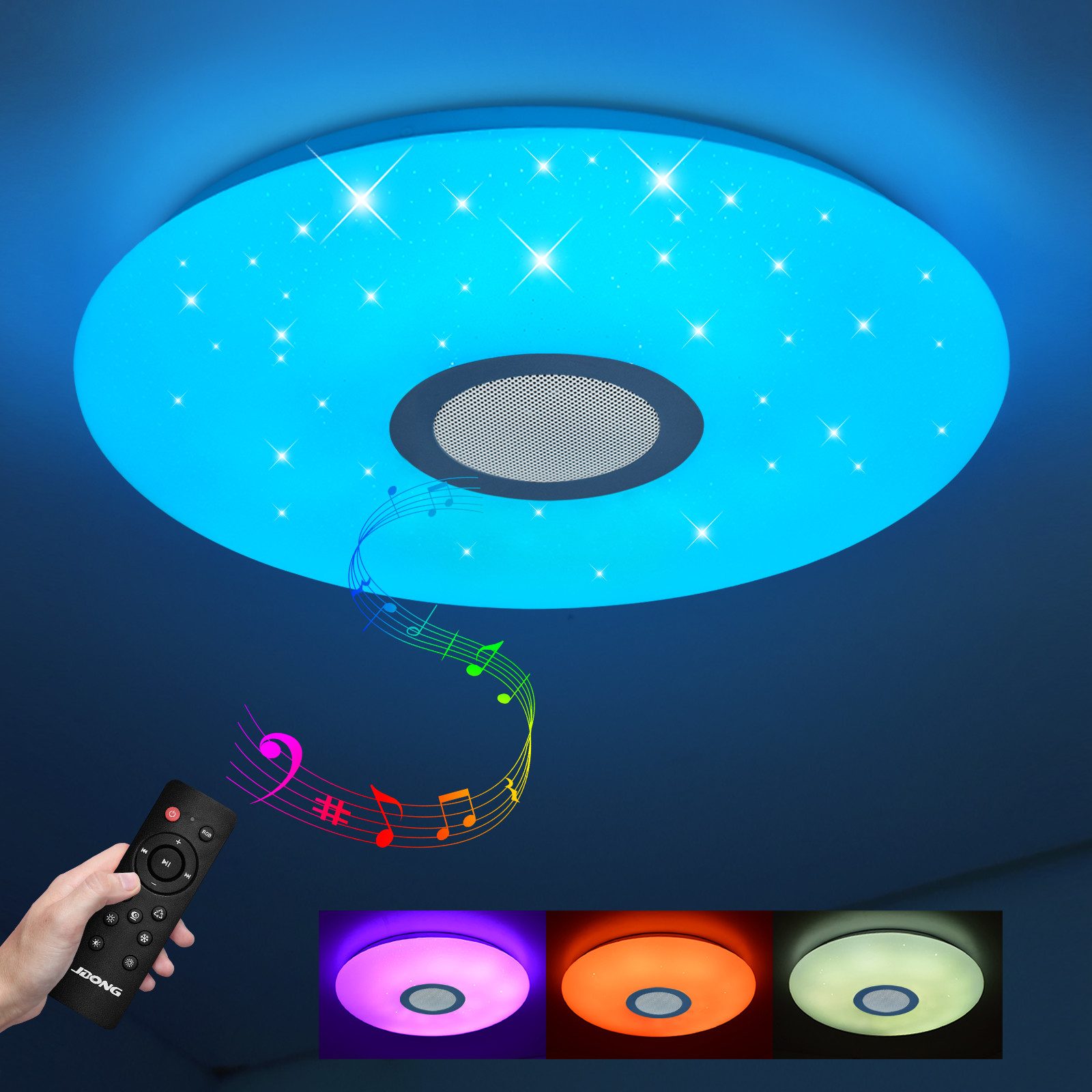 JDONG LED Deckenleuchte Dimmbar mit Bluetooth Lautsprecher 30cm/40cm/50cm, LED Deckenlampe mit Fernbedienung oder APP-Steuerung, 3000-6500K RGBW Farbwechsel, Musikwiedergabe für Schlafzimmer Badezimmer Wohnzimmer