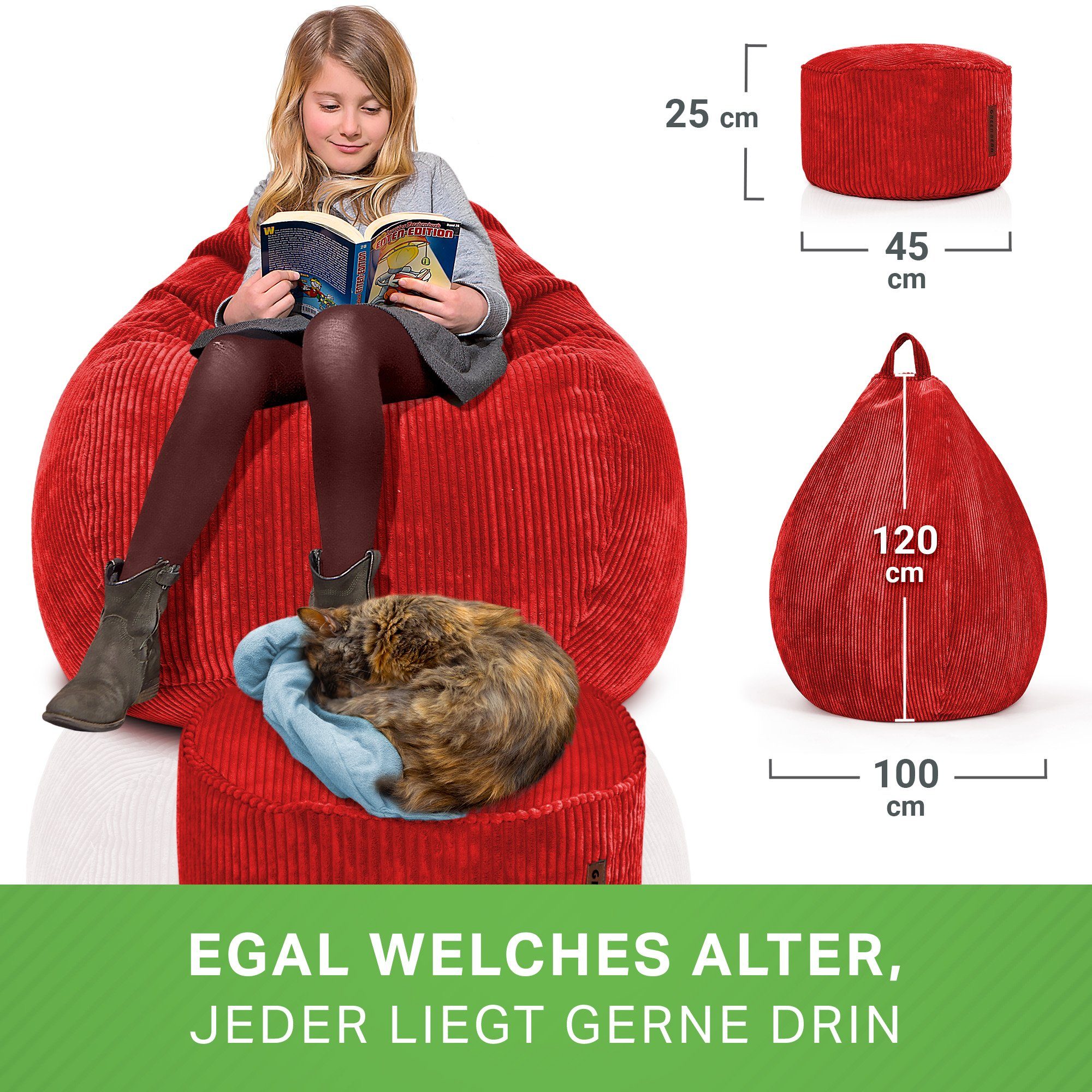 Green Cord, + Bean Rot Sessel Relax mit Pouf Sitzhocker, Sitzsack Scoop Sitzkissen Indoor