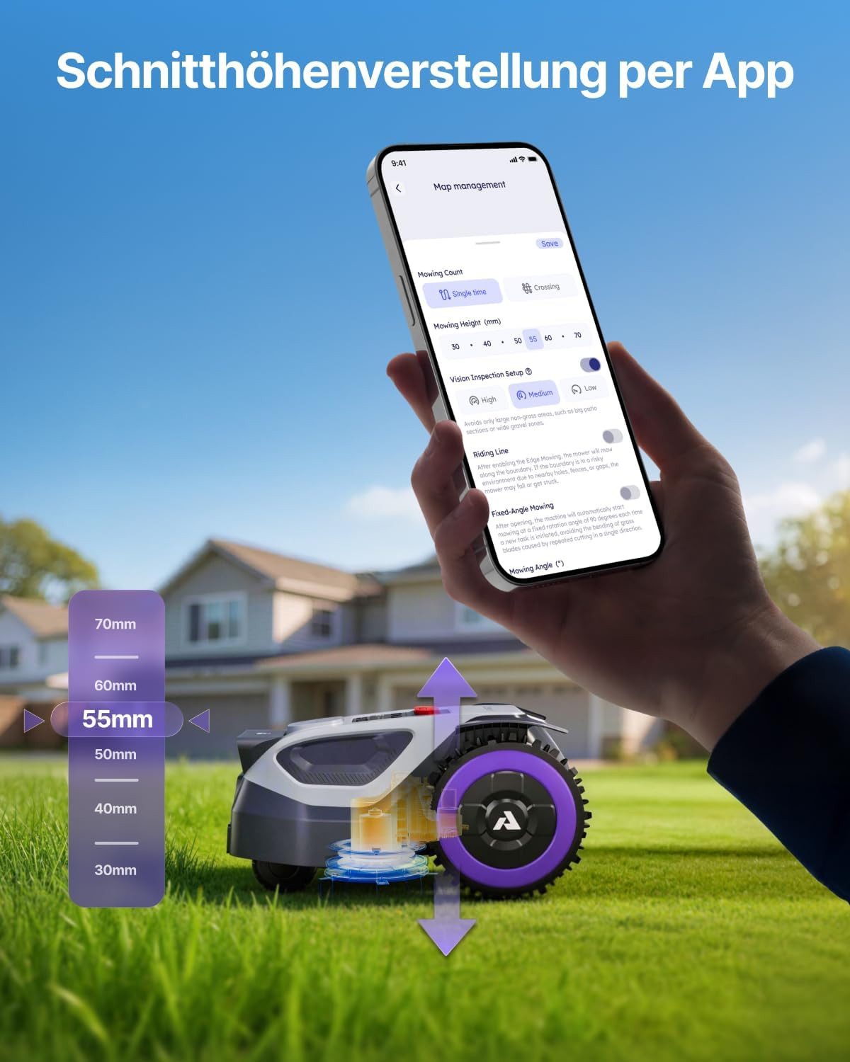 ANTHBOT Rasenmähroboter M5 Serie Ohne Begrenzungskabel mit RTK-Navigation & HDR-Dual-Vision, bis 700 m² Rasenfläche, (mit 4G-Modul, Schnitthöhe per App), Steigu – Bild 4 von 5
