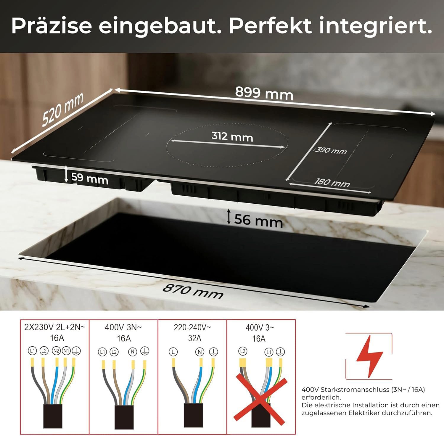 KLAMER Flex-Induktions-Kochfeld 90 cm, 4 Zonen mit 2 Flexzonen & Rundzone, 9400 Watt, Boost Funktion, 9 Leistungsstufen, Timer 99 min, Kindersicherung, Kratzfeste Glasoberfläche, Flexzone-Funktion, Sicherheitsfeatures, Leistungsstarke Technologie