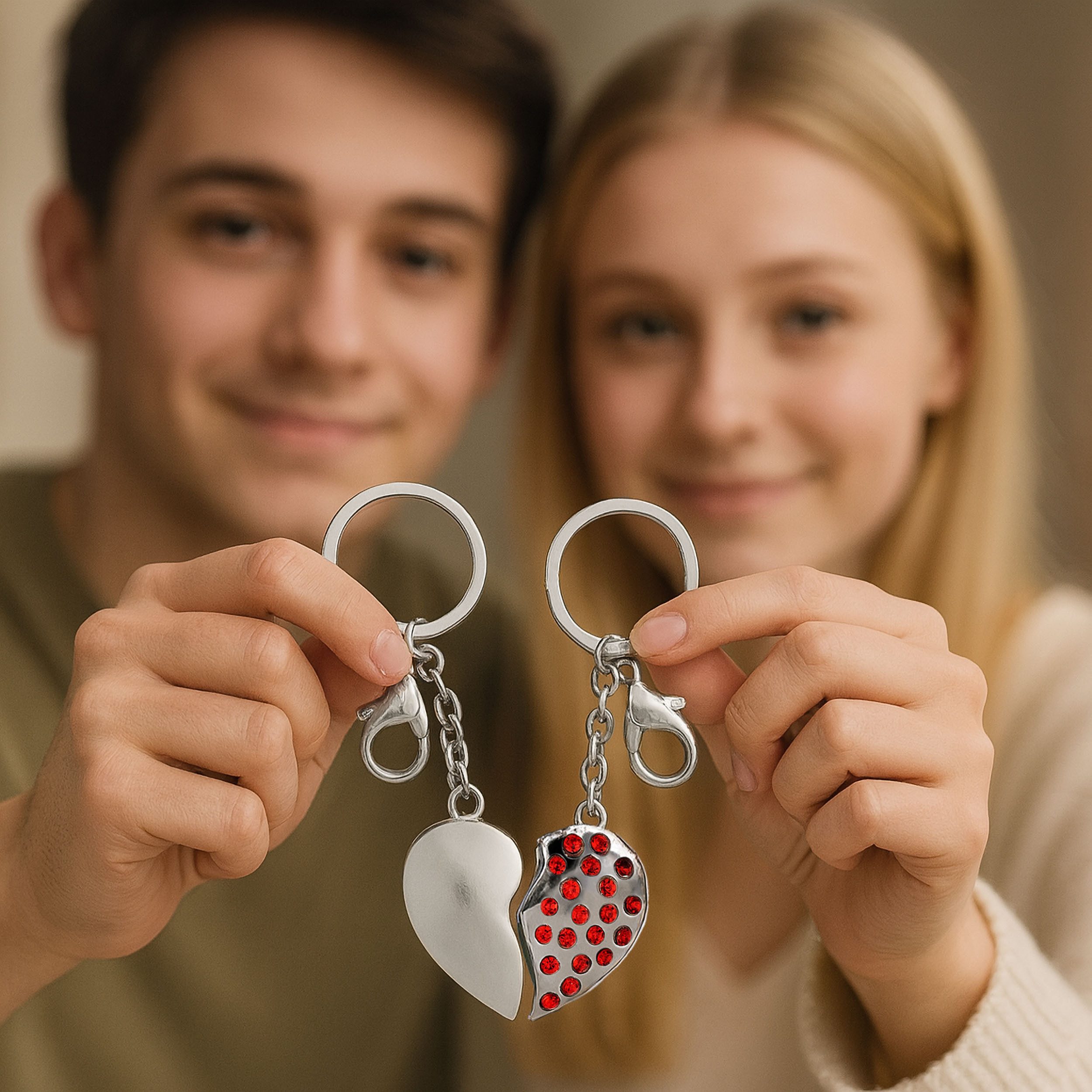BRUBAKER Schlüsselanhänger Set Geteiltes Herz - Anhänger für Paare - Partner Schlüsselanhänger (Set, 2-tlg., Geschenk für Zwei zum Valentinstag oder Jahrestag), 2er Set Herzanhänger aus Metall mit Strass - Silber, Rot