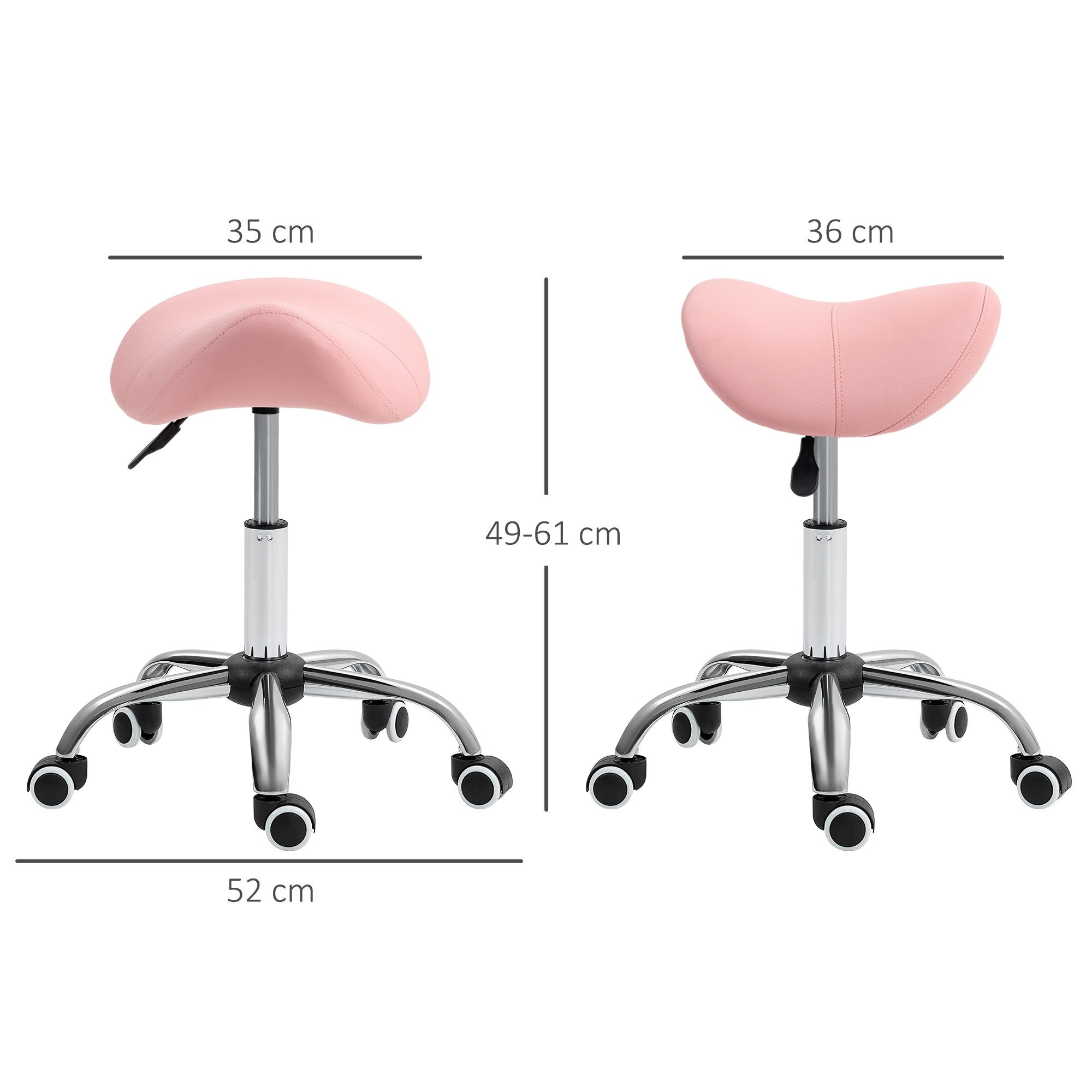 HOMCOM Rollsitz Hocker 360° drehbar Bürohocker Sattelhocker (Rollhocker, 1 St., höhenverstellbar 49-61 cm Arbeitshocker), für Büro Salon Massage Spa Rosa