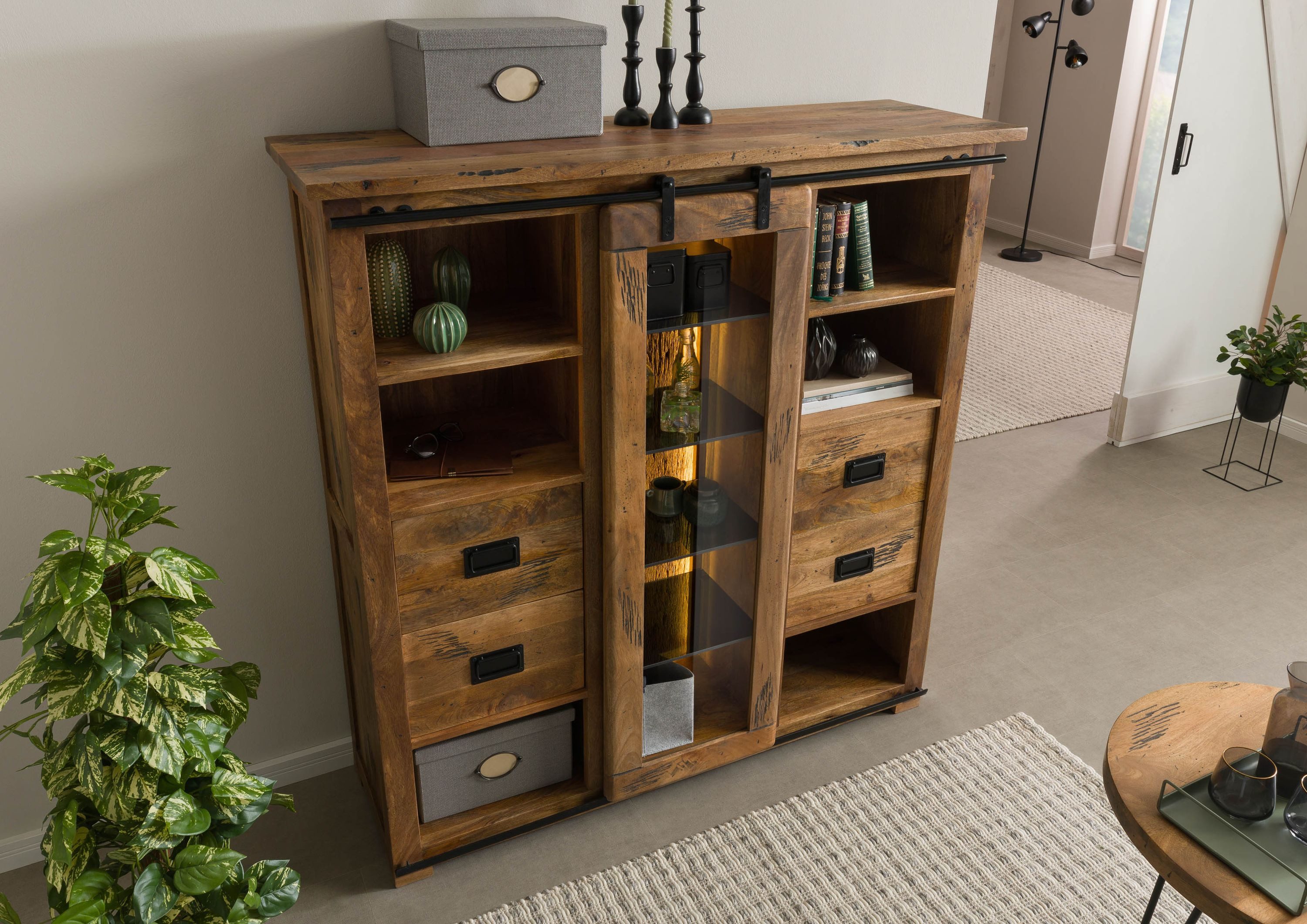 Massivmoebel24 Highboard RAILWAY LUX (Massivholz), Mango / Altholz 142x45x147 natur lackiert RAILWAY LUX #121