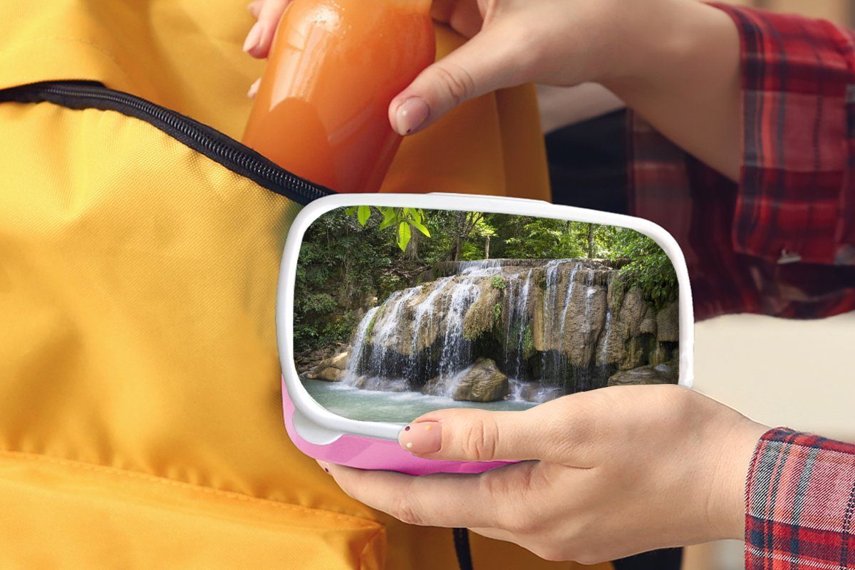 Erawan-Nationalpark (2-tlg), Felsen Snackbox, über Wasserfall Thailand, MuchoWow Kunststoff, für im Brotbox Lunchbox rosa Kunststoff Brotdose Kinder, in Mädchen, Erwachsene,