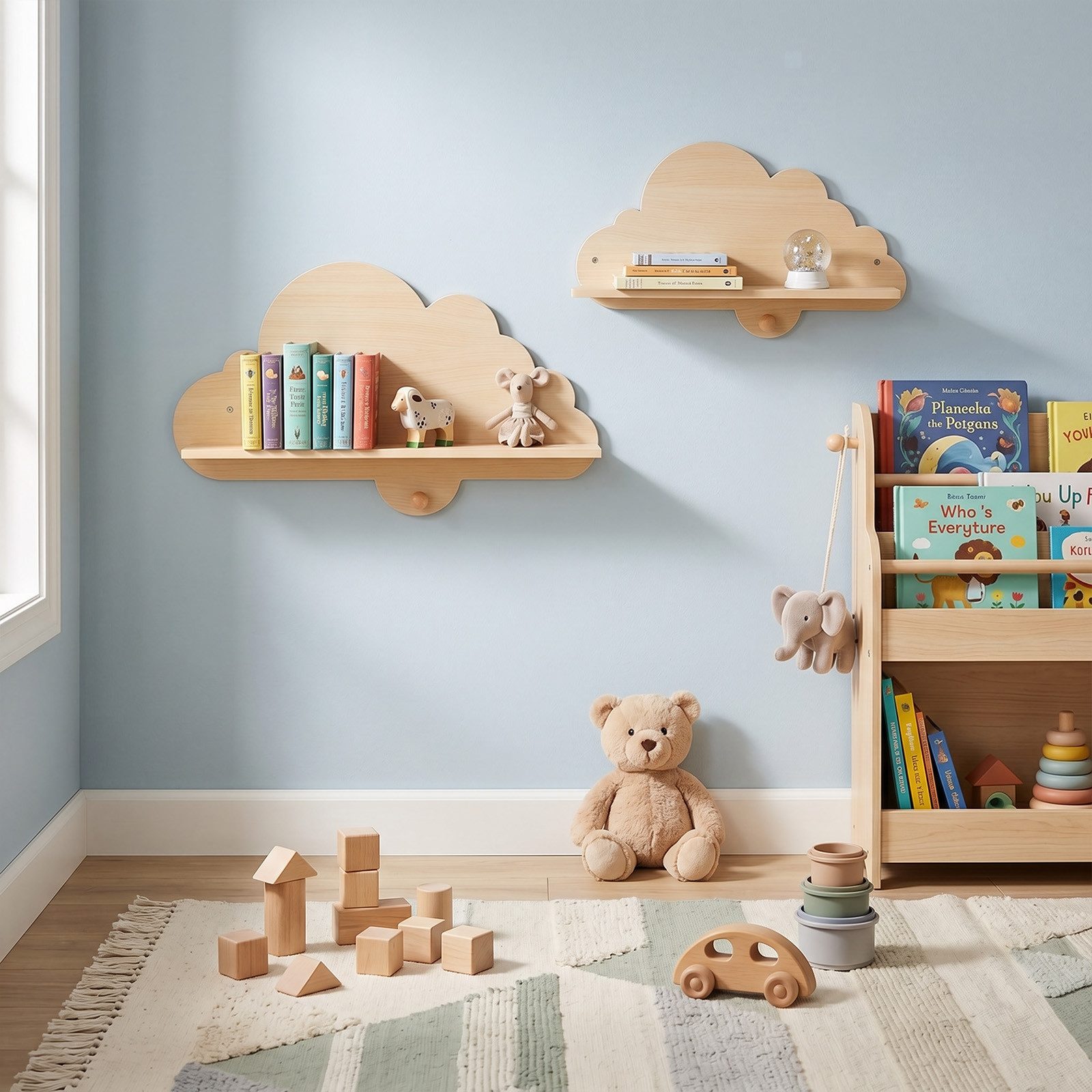 COSTWAY Kinderregal, 2-tlg., Schweberegal im Wolkenform aus Massivholz, mit Haken