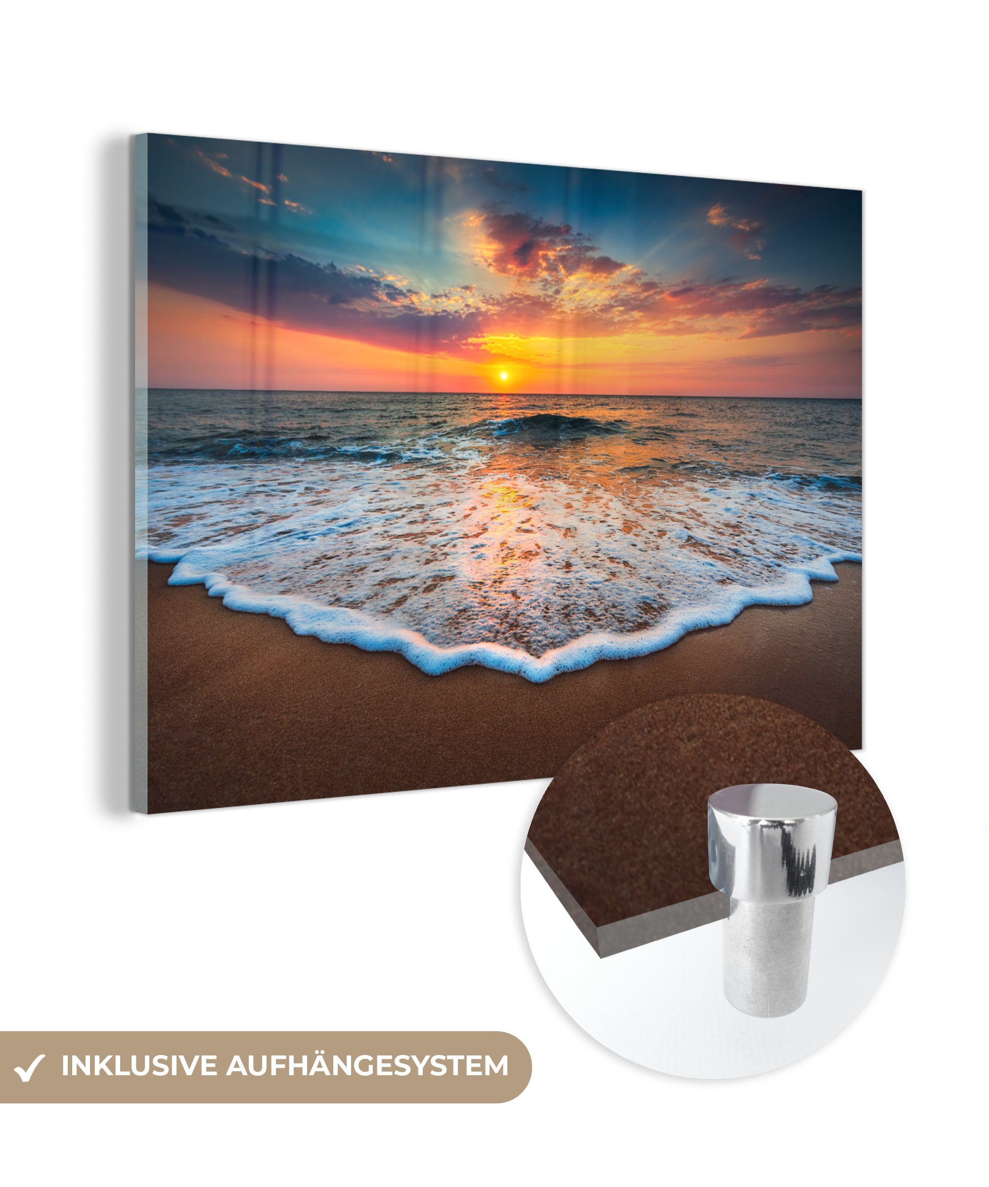 MuchoWow Acrylglasbild Strand - Meer - Sonnenuntergang, (1 St), Glasbilder - Bilder auf Glas Wandbild - Foto auf Glas - Wanddekoration
