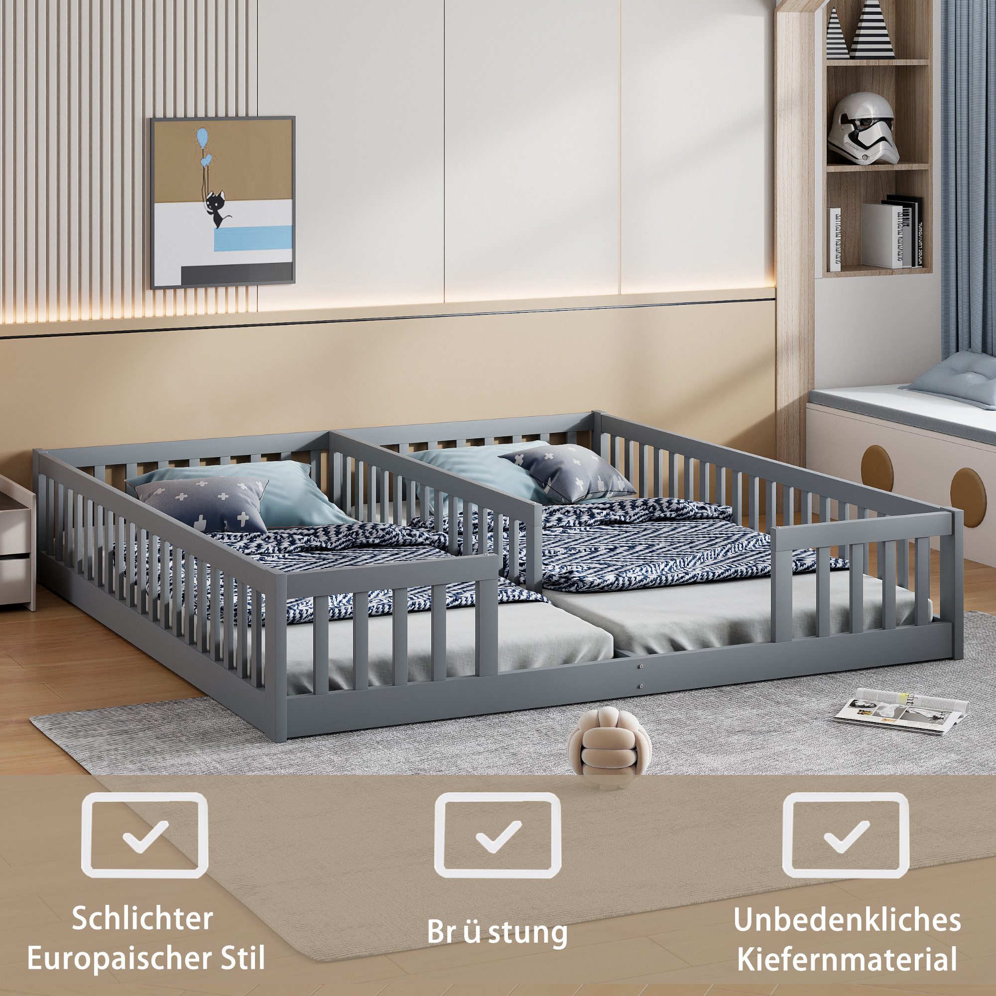 Flieks Massivholzbett, Kinderbett Einzelbett*2 90x200cm*2 für zwei Kinder ohne Lattenrost