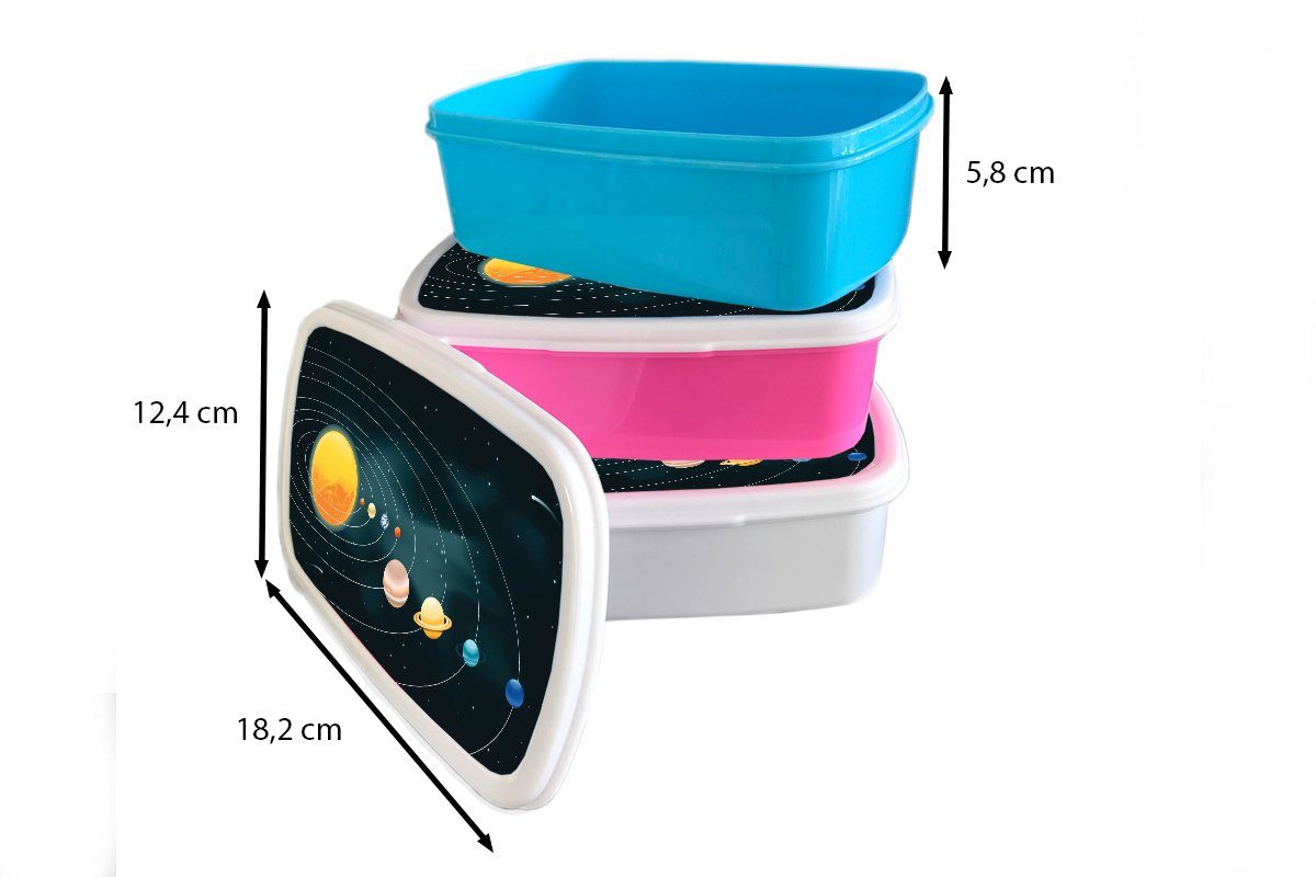Mädchen, Brotdose MuchoWow den Kunststoff, (2-tlg), Sonnensystems Illustration für Planeten, mit rosa Kunststoff Brotbox Erwachsene, des Snackbox, Eine Lunchbox Kinder,