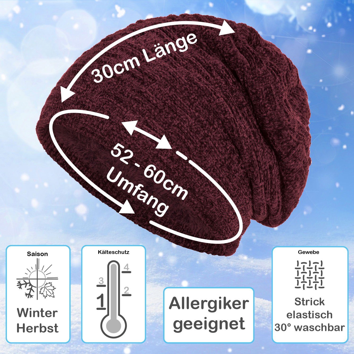 Beanie Damen Samt und Wintermütze Herren gefütterte dunkelrot Strickmütze (1-St) Warm Strickmütze compagno