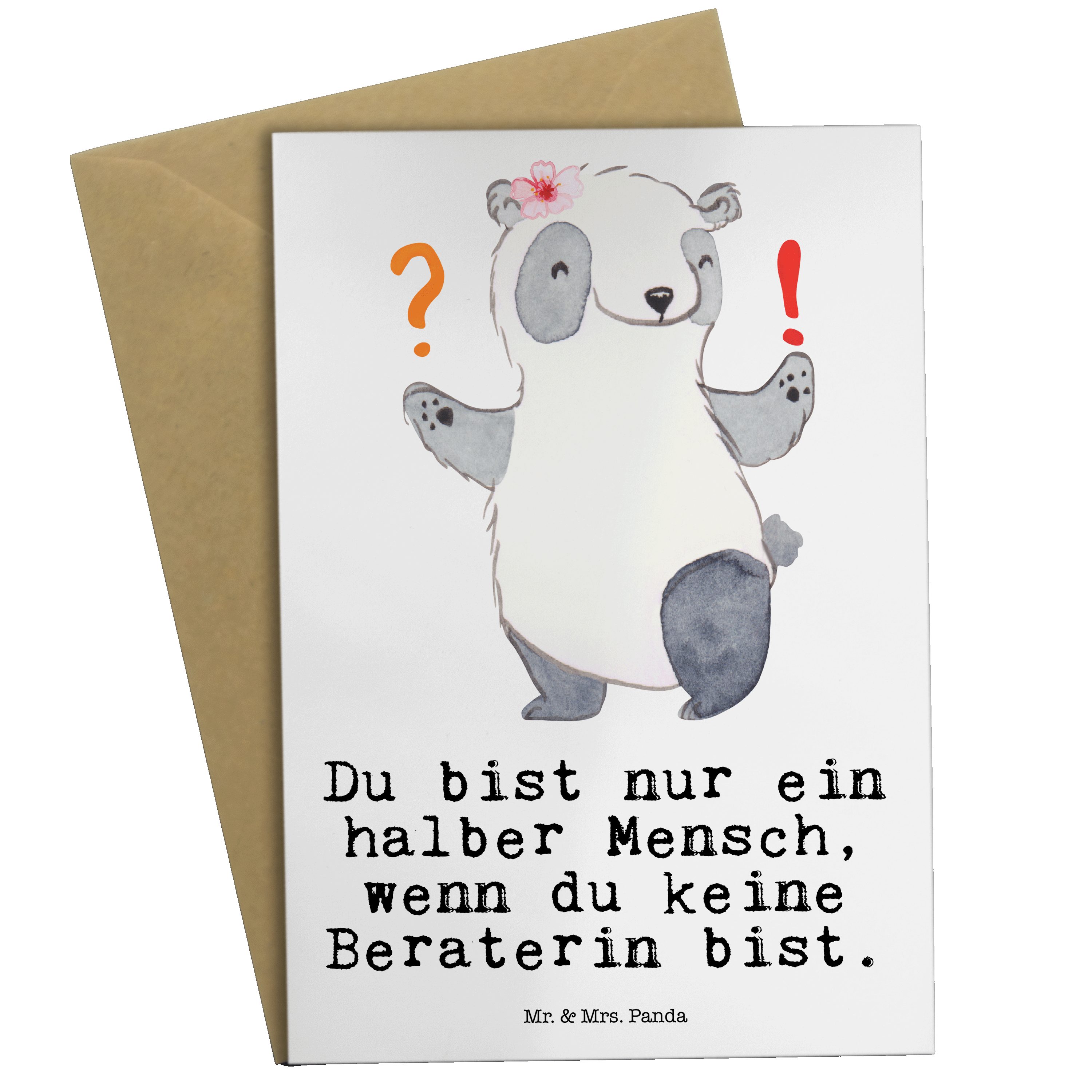 Mr. & Mrs. Panda Grußkarte Beraterin mit Herz - Weiß - Geschenk, Klappkarte, Hochzeitskarte, Fin