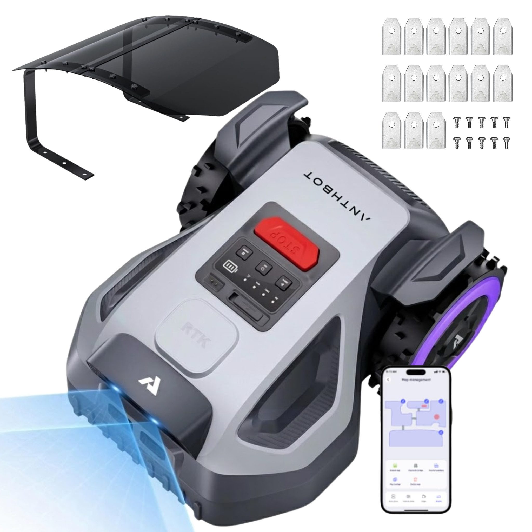 ANTHBOT Rasenmähroboter ANTHBOT M-Serie Set, Mähroboter ohne Begrenzungskabel, (RTK-Navigation • HDR-Dual-Vision • 45% Steigung), Kantenmähen, Multizonen, Schnitthöhe per App, IPX6