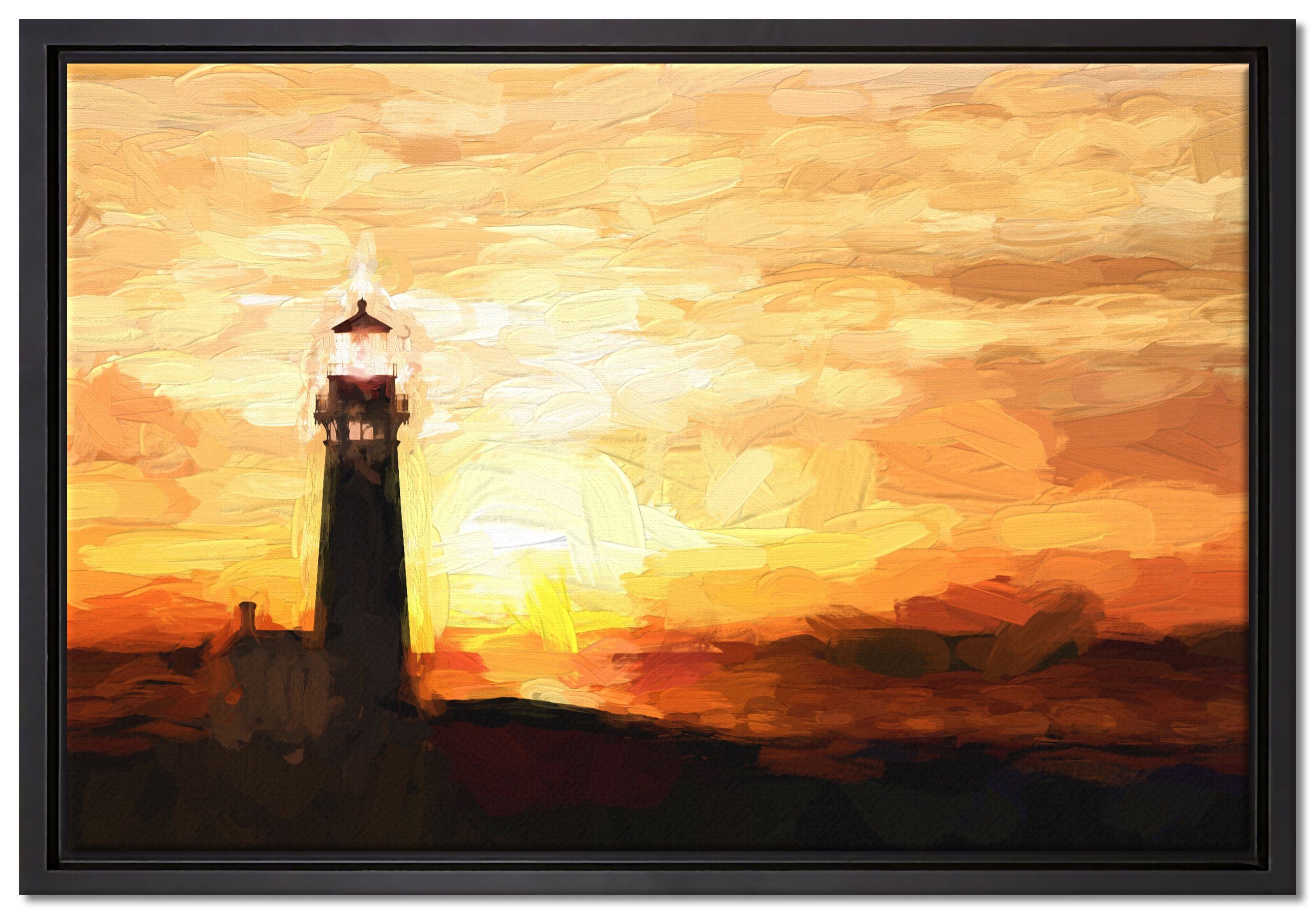Schattenfugen-Bilderrahmen Leinwandbild inkl. Wanddekoration gefasst, Leuchtturm Zackenaufhänger Sonnenuntergang, in einem Pixxprint fertig im bespannt, Leinwandbild (1 St),