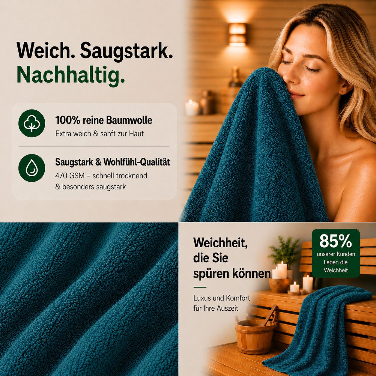 Komfortec Saunatuch 100x200 Extra Große XXL Premium Saunatuch, Unifarben (1-St), extra Große XXL, Schnelltrocknend, Frottee, Weich, Baumwolle – Bild 5 von 5